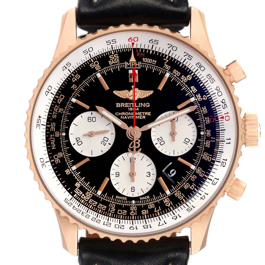 The image shows a front view of the Breitling Navitimer RB0120 men's watch, highlighting its dial, bezel, and chronograph subdials.