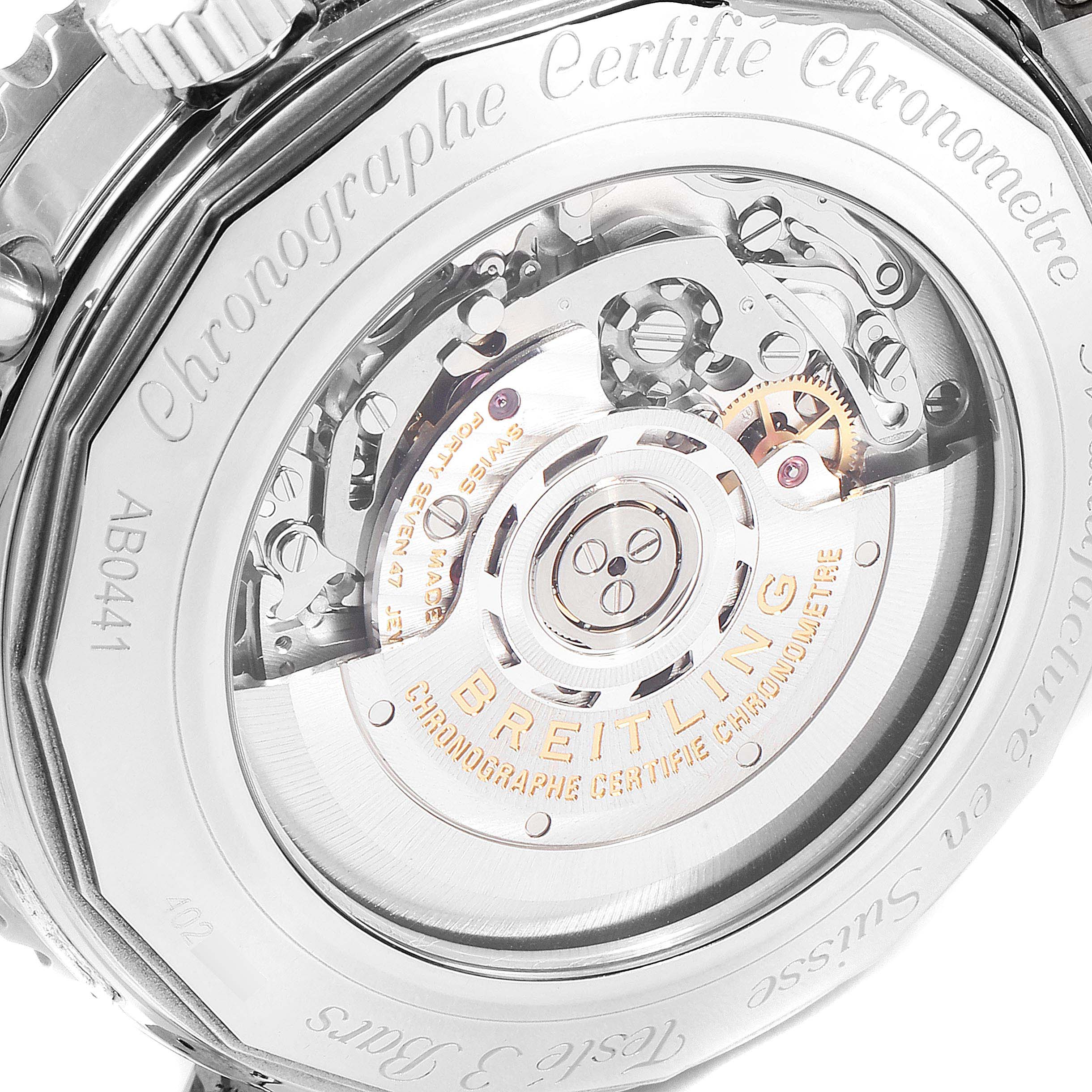 The image shows the case back view of a Breitling Navitimer AB044121/BD24/443A Men
s Stainless Steel Black Dial AB044121/BD24/443A Men
s Stainless Steel Black Dial, highlighting its internal mechanics and inscriptions.