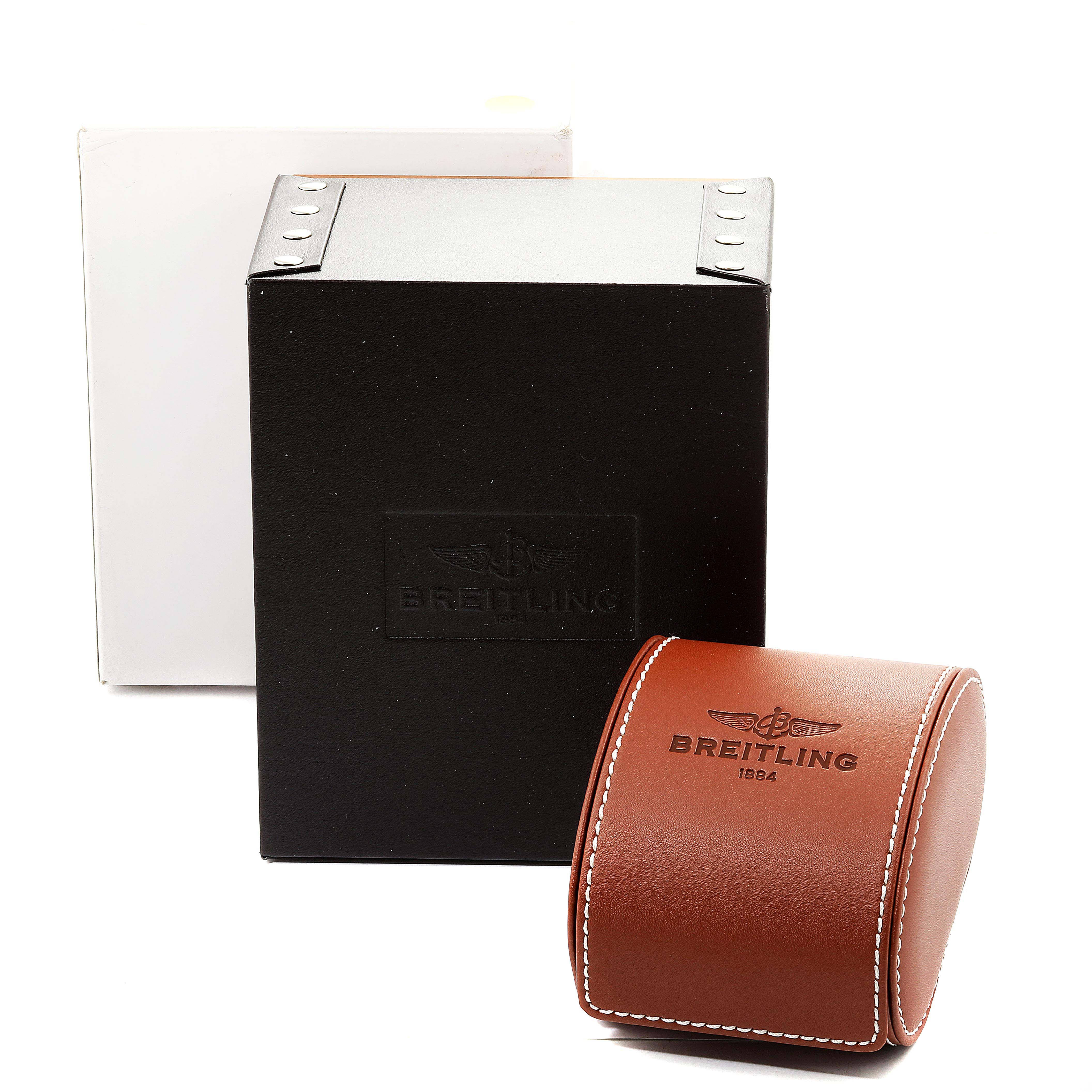 The image shows the packaging for a Breitling Navitimer AB044121/BD24/443A Men
s Stainless Steel Black Dial AB044121/BD24/443A Men
s Stainless Steel Black Dial watch, including a black box, a white outer box, and a brown leather case.