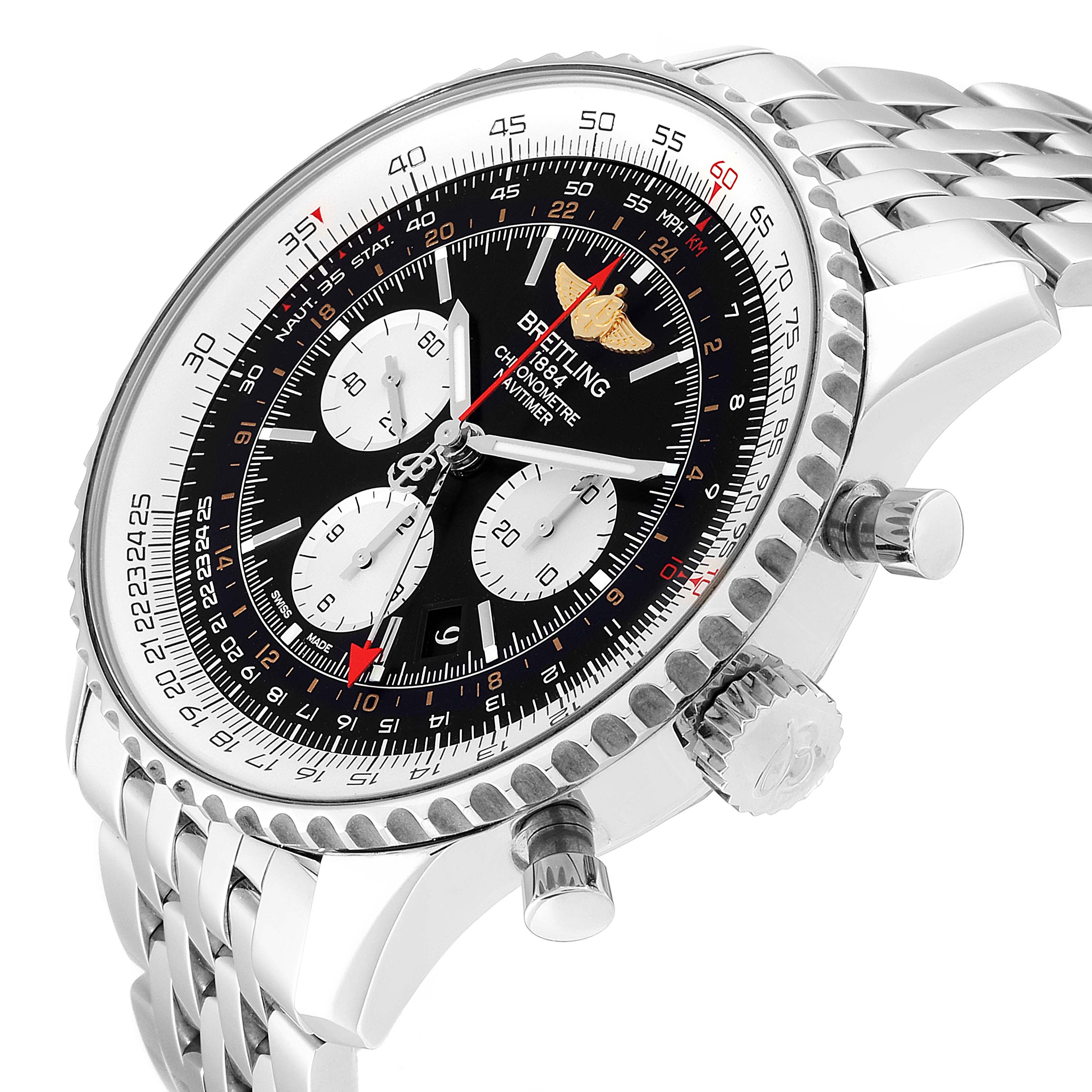The Navitimer model by Breitling is shown from a three-quarter angle, highlighting the face, bezel, crown, and metal bracelet.