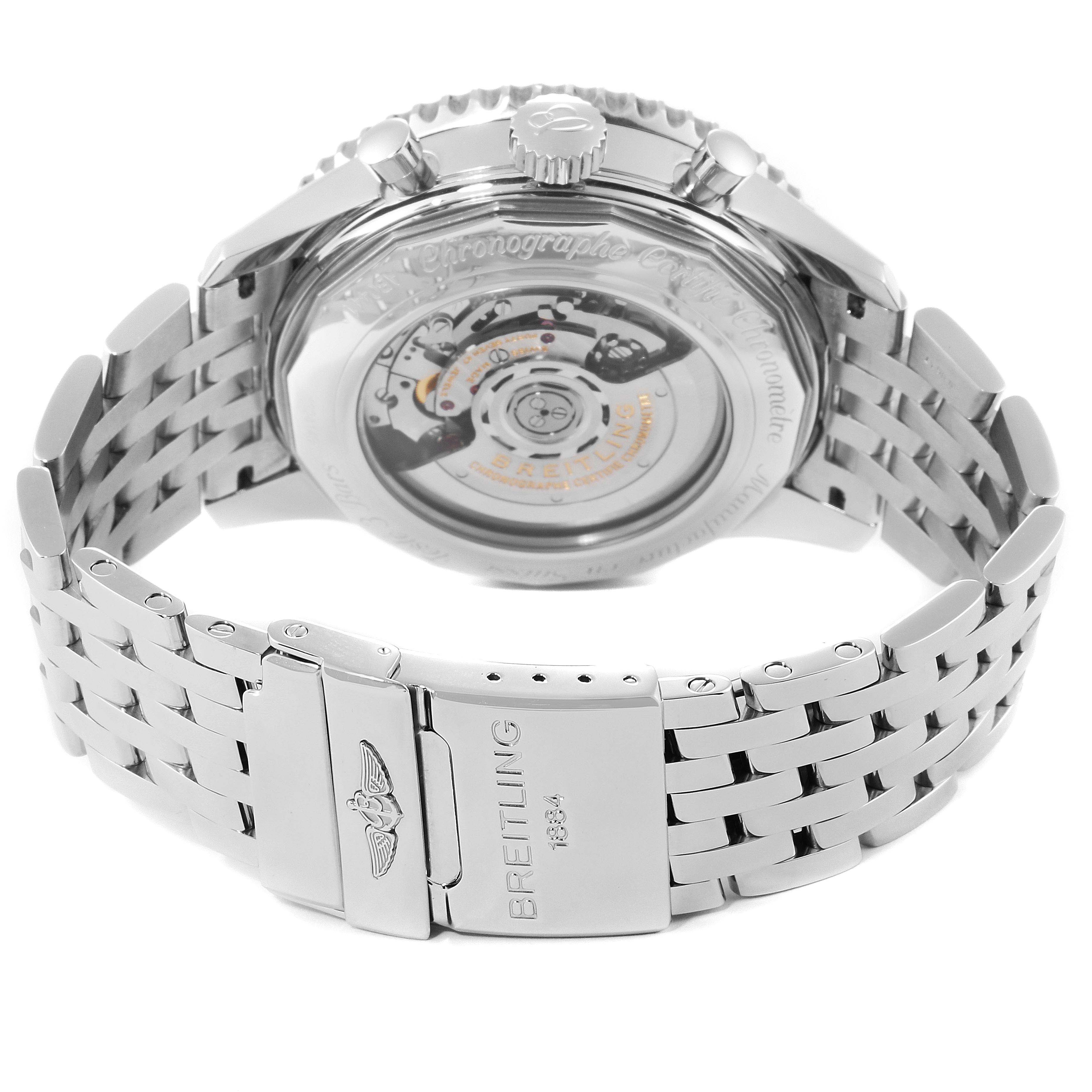 The image shows the backside and bracelet of a Breitling Navitimer AB044121/BD24/443A Men
s Stainless Steel Black Dial AB044121/BD24/443A Men
s Stainless Steel Black Dial watch.