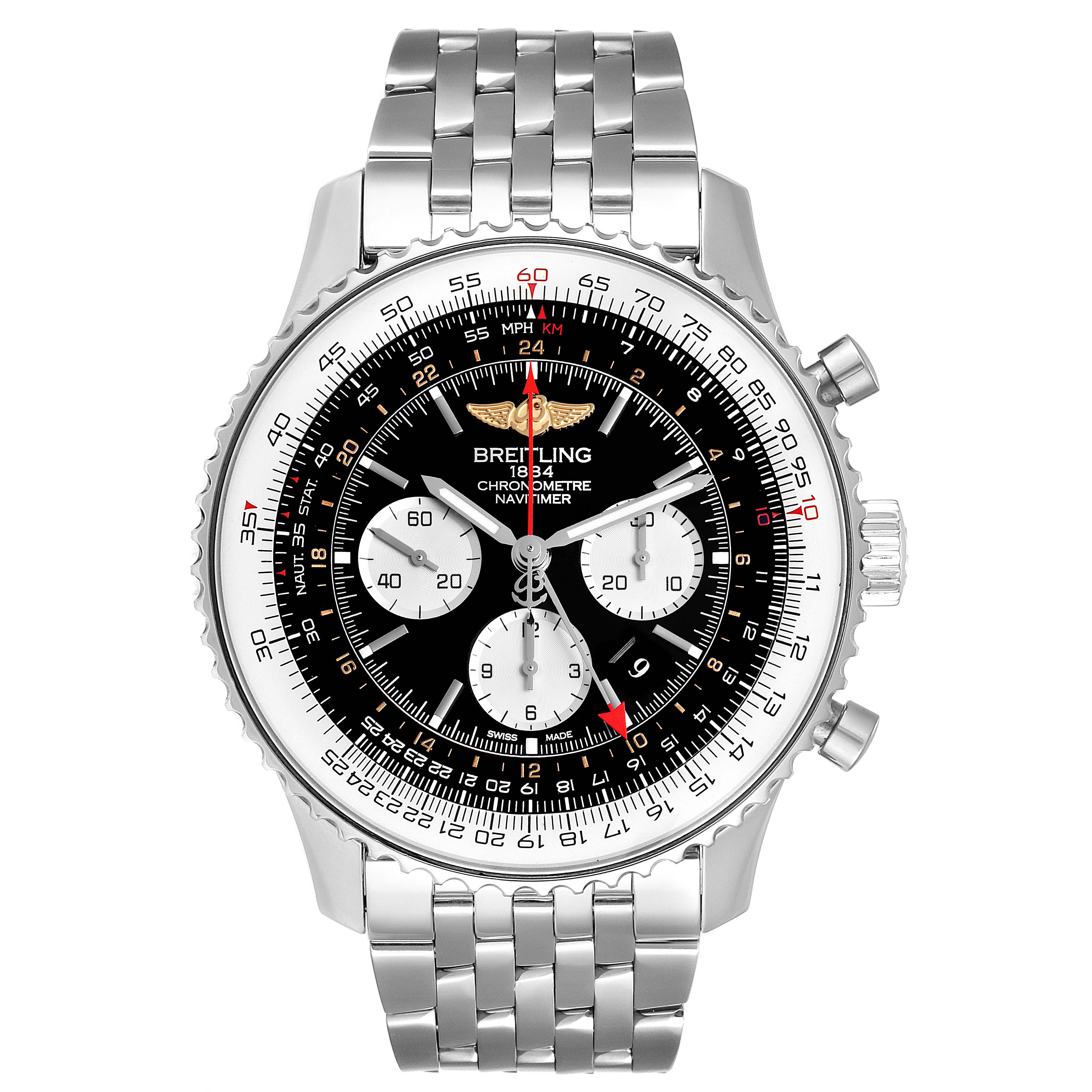 The image shows a front view of the Breitling Navitimer AB044121/BD24/443A Men
s Stainless Steel Black Dial AB044121/BD24/443A Men
s Stainless Steel Black Dial watch, highlighting its dial, chronograph subdials, and stainless steel bracelet.