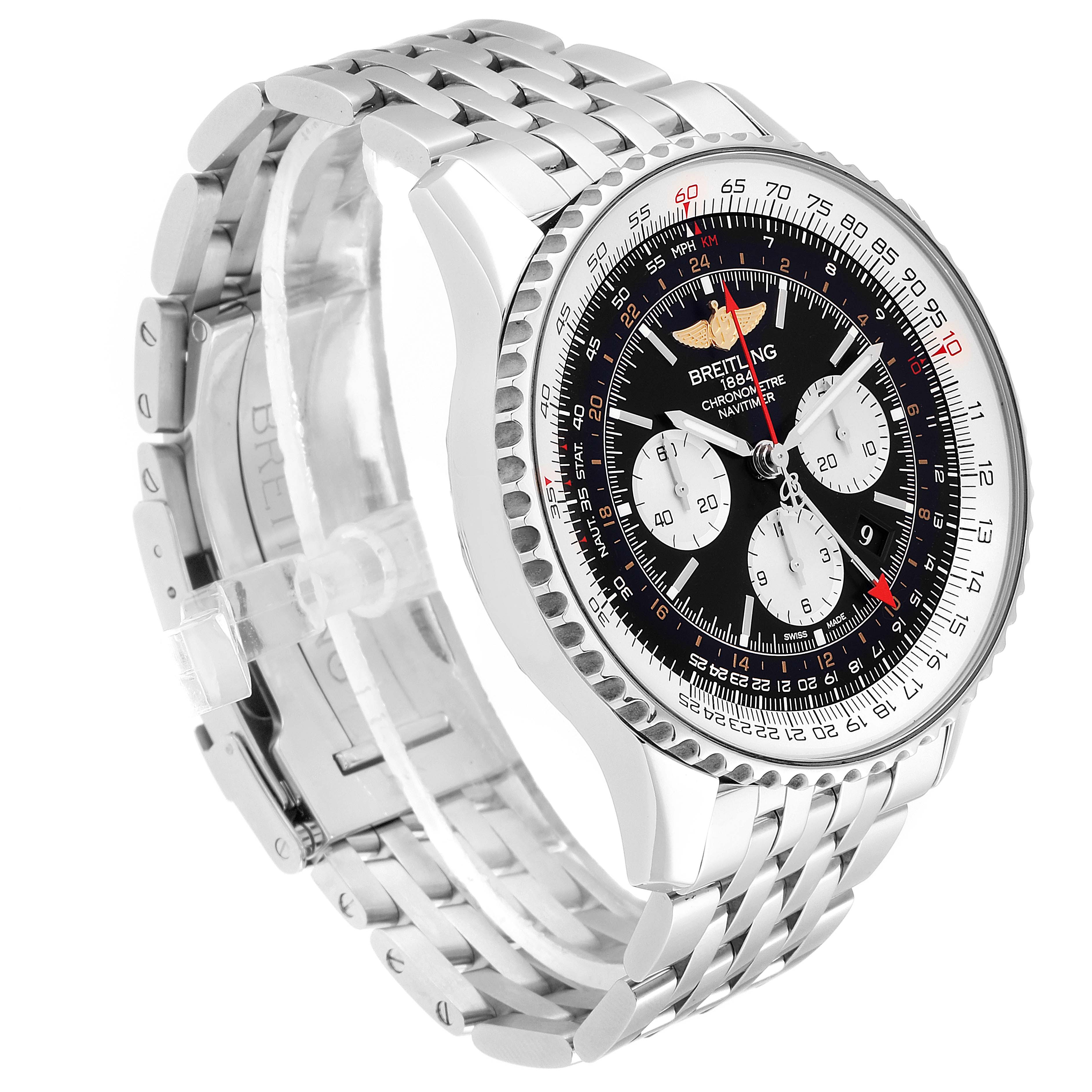 The image shows the Breitling Navitimer AB044121/BD24/443A Men
s Stainless Steel Black Dial AB044121/BD24/443A Men
s Stainless Steel Black Dial watch from an oblique angle, highlighting the face, bezel, and bracelet.