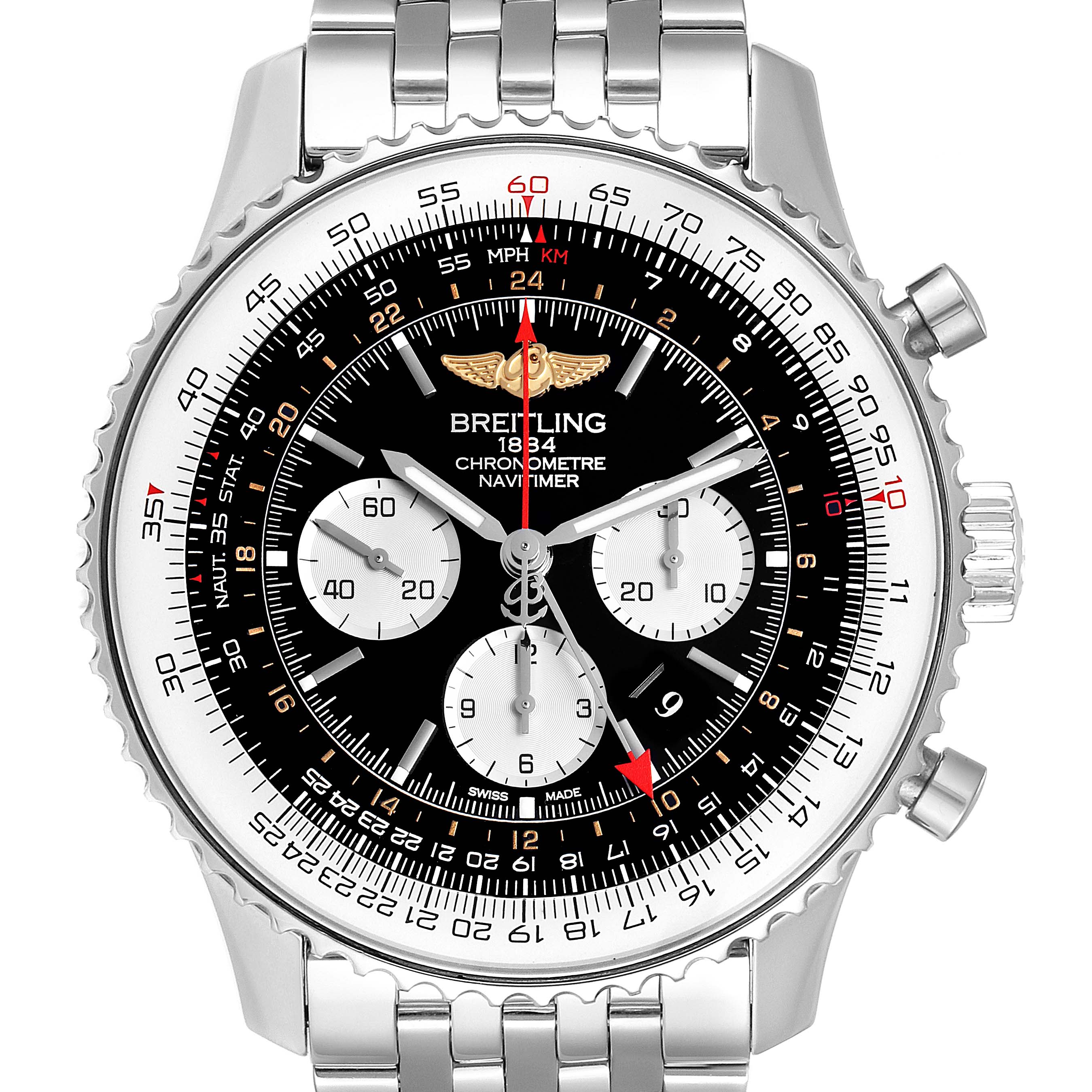The image shows a front view of the Breitling Navitimer AB044121/BD24/443A Men
s Stainless Steel Black Dial AB044121/BD24/443A Men
s Stainless Steel Black Dial watch, displaying its dial, bezel, chronograph subdials, and bracelet.