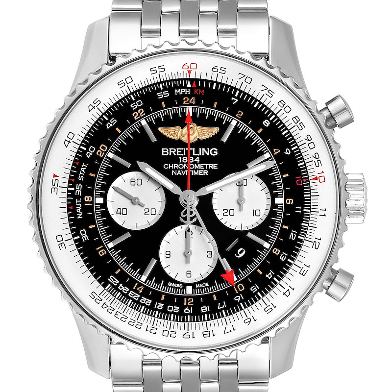 Breitling Navitimer GMT 48 Black Dial Steel Mens Watch AB0441 SwissWatchExpo