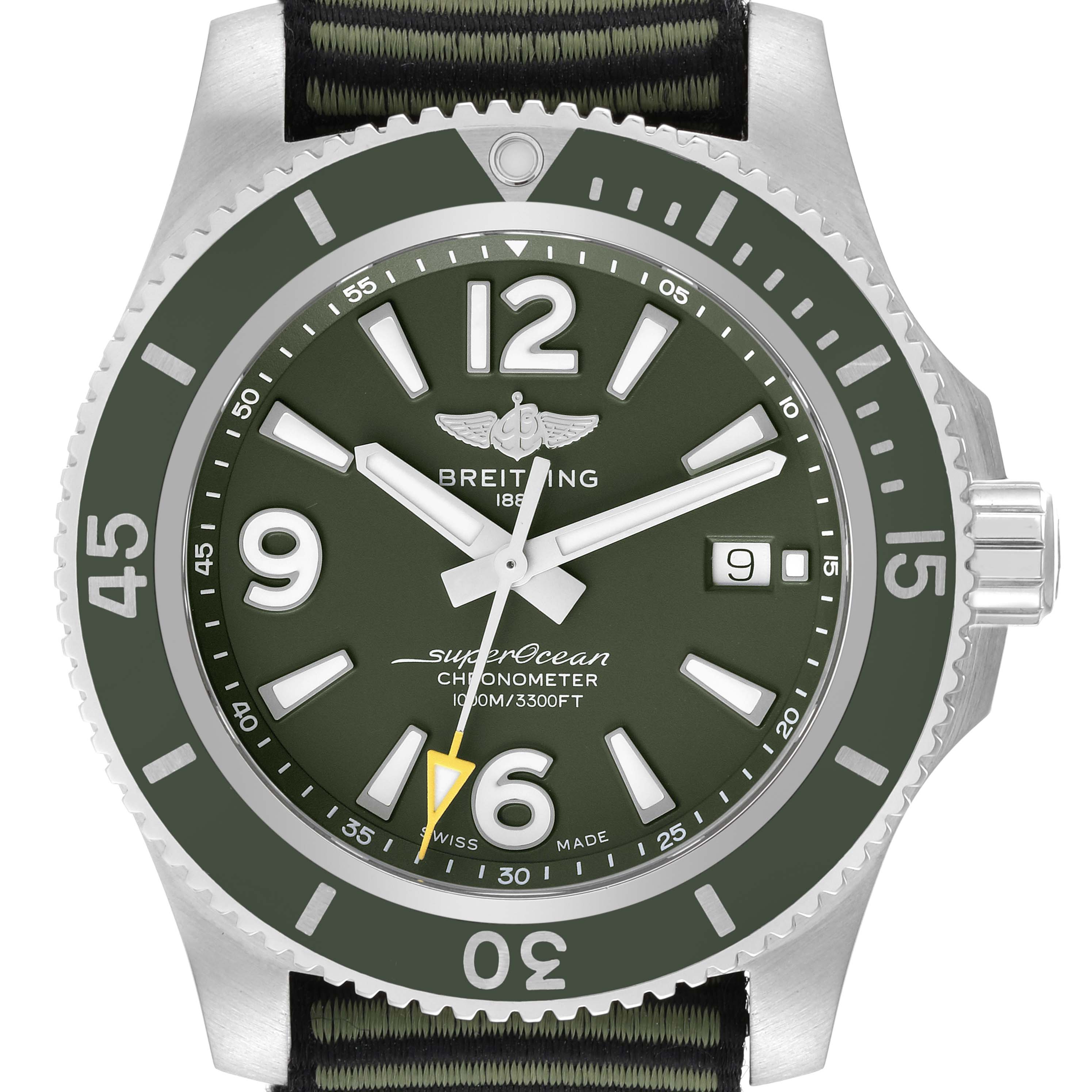 This image shows a front view of the Breitling Superocean A17367 Men's Stainless Steel Green Dial A17367 Men's Stainless Steel Green Dial watch, highlighting its dial, bezel, and crown.