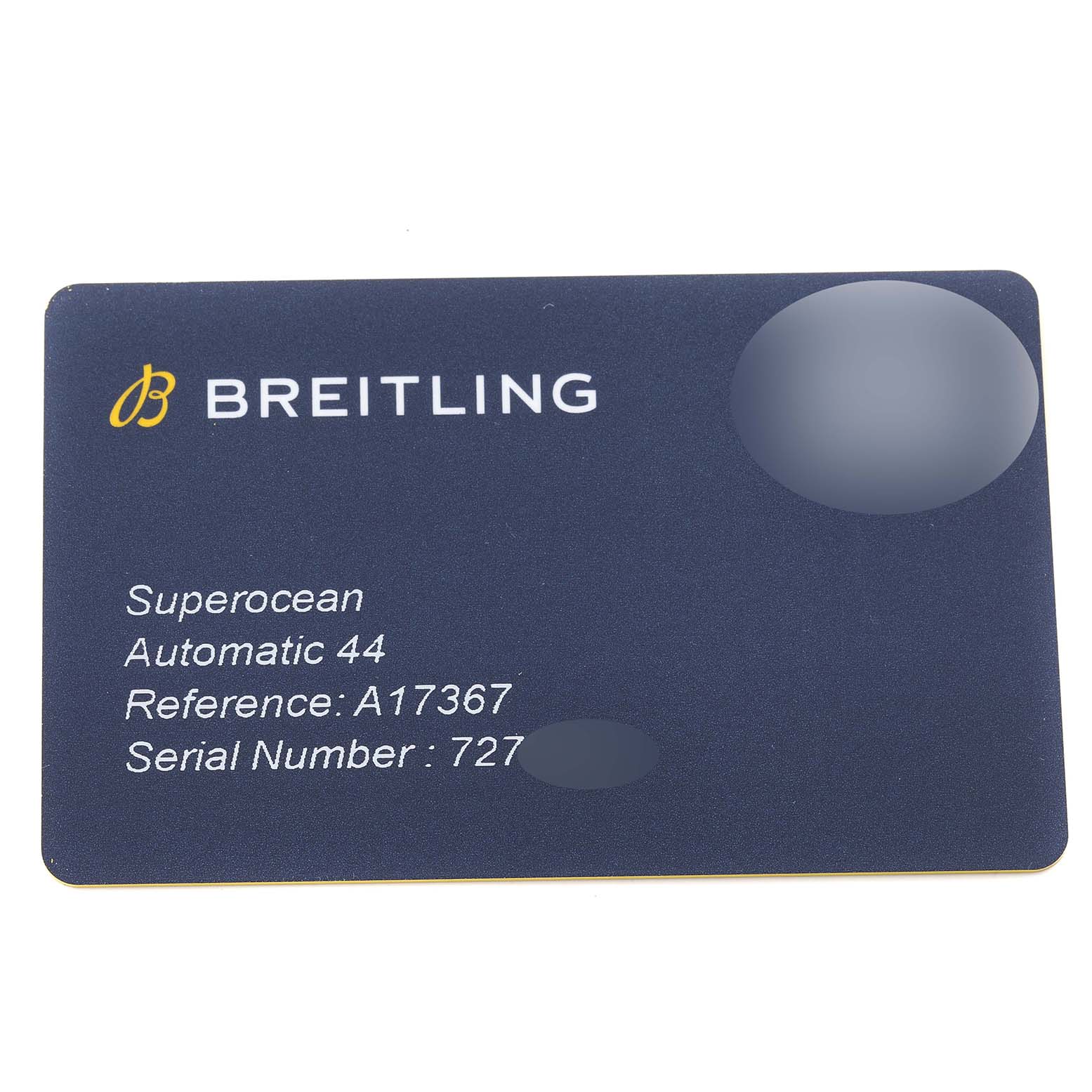 This image shows a rectangular warranty card for the Breitling Superocean A17367 Men's Stainless Steel Green Dial A17367 Men's Stainless Steel Green Dial Automatic 44 model with specific details including the reference and serial number.