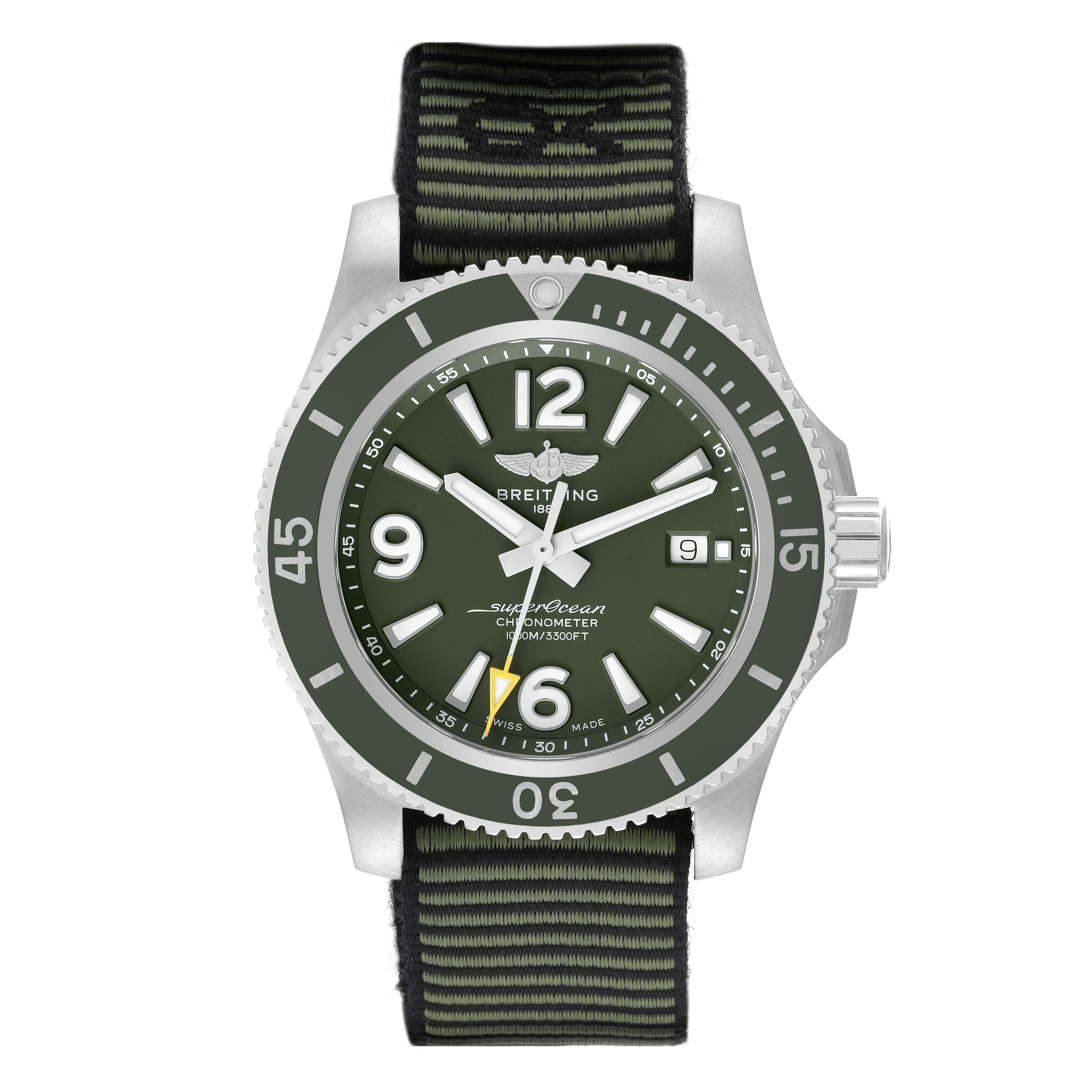 The image shows a frontal view of a Breitling Superocean A17367 Men's Stainless Steel Green Dial A17367 Men's Stainless Steel Green Dial watch, displaying its dial, bezel, and strap detail.