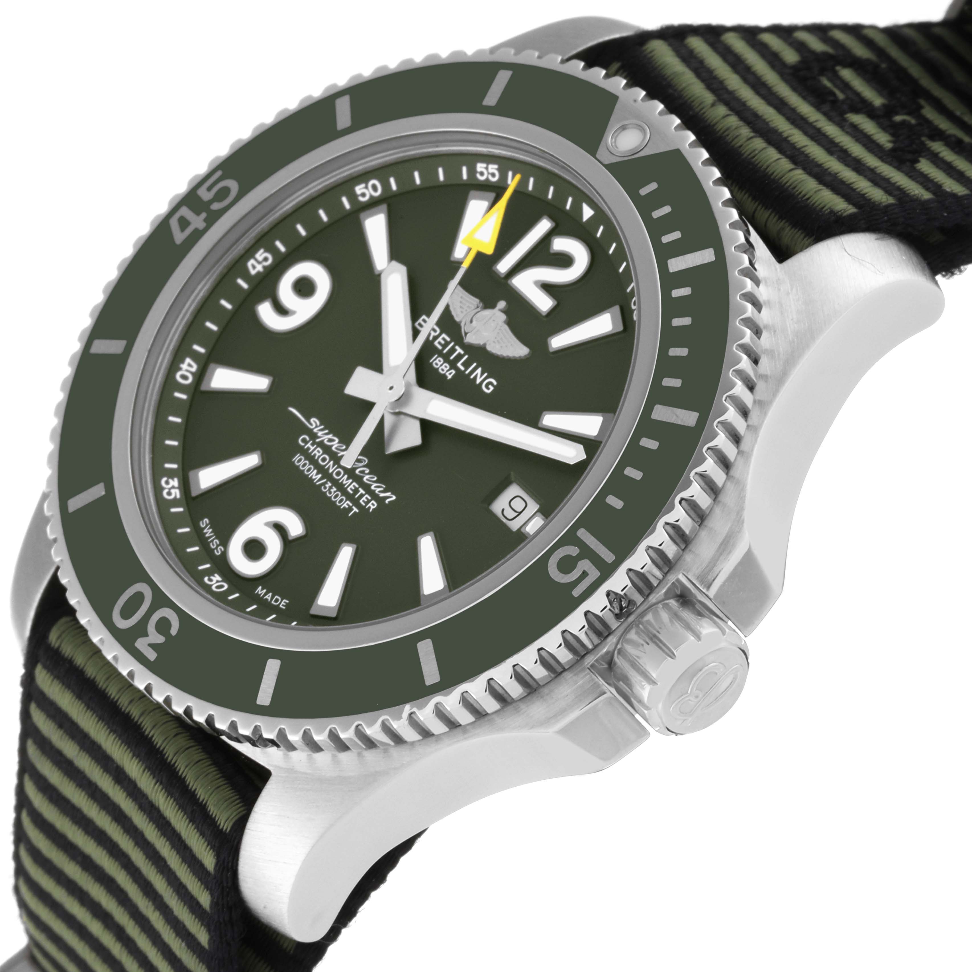 The image shows a close-up angled view of a Breitling Superocean A17367 Men's Stainless Steel Green Dial A17367 Men's Stainless Steel Green Dial watch, highlighting the bezel, dial, strap, and crown.