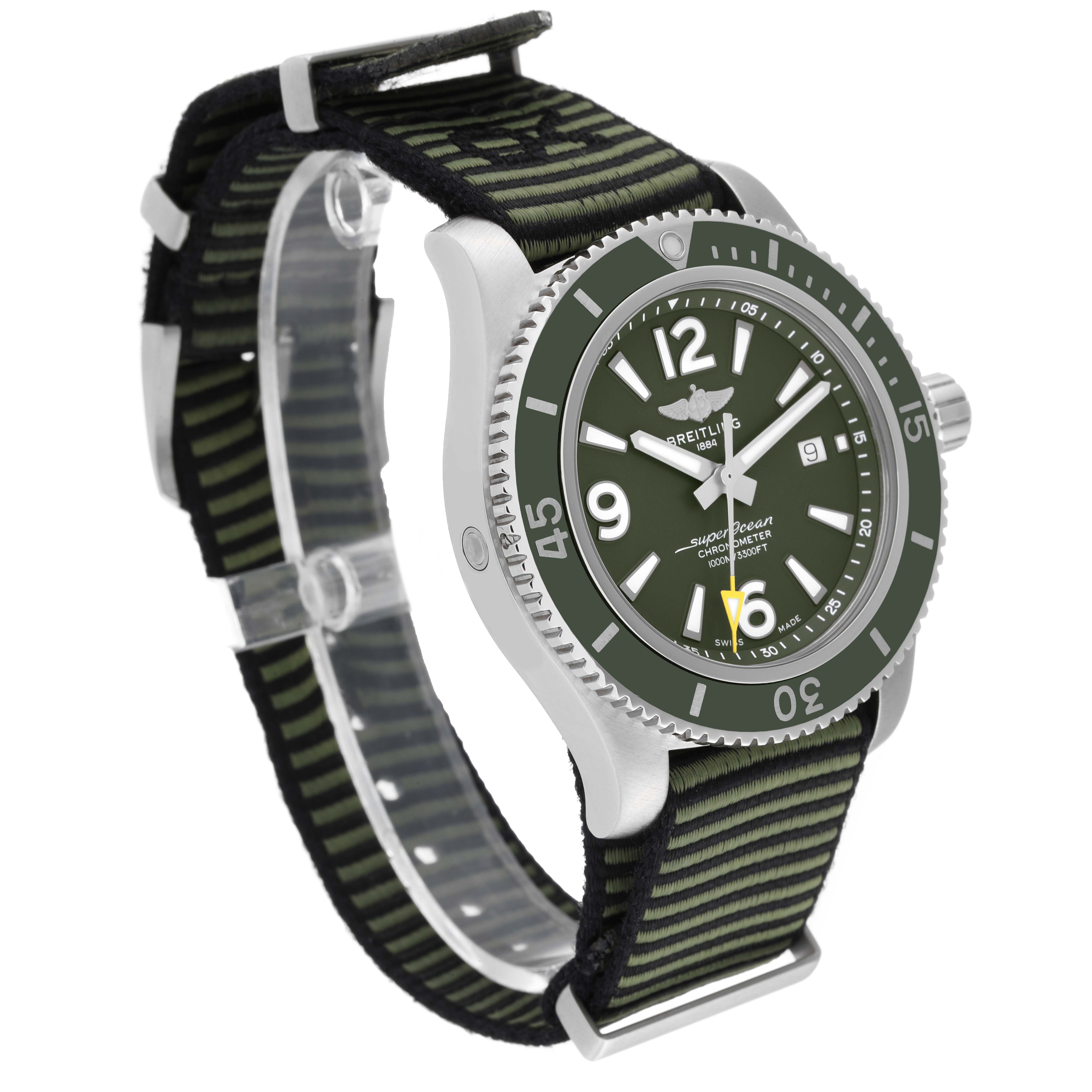 The Breitling Superocean A17367 Men's Stainless Steel Green Dial A17367 Men's Stainless Steel Green Dial watch is shown at an angle that displays the face, case, bezel, and NATO strap.