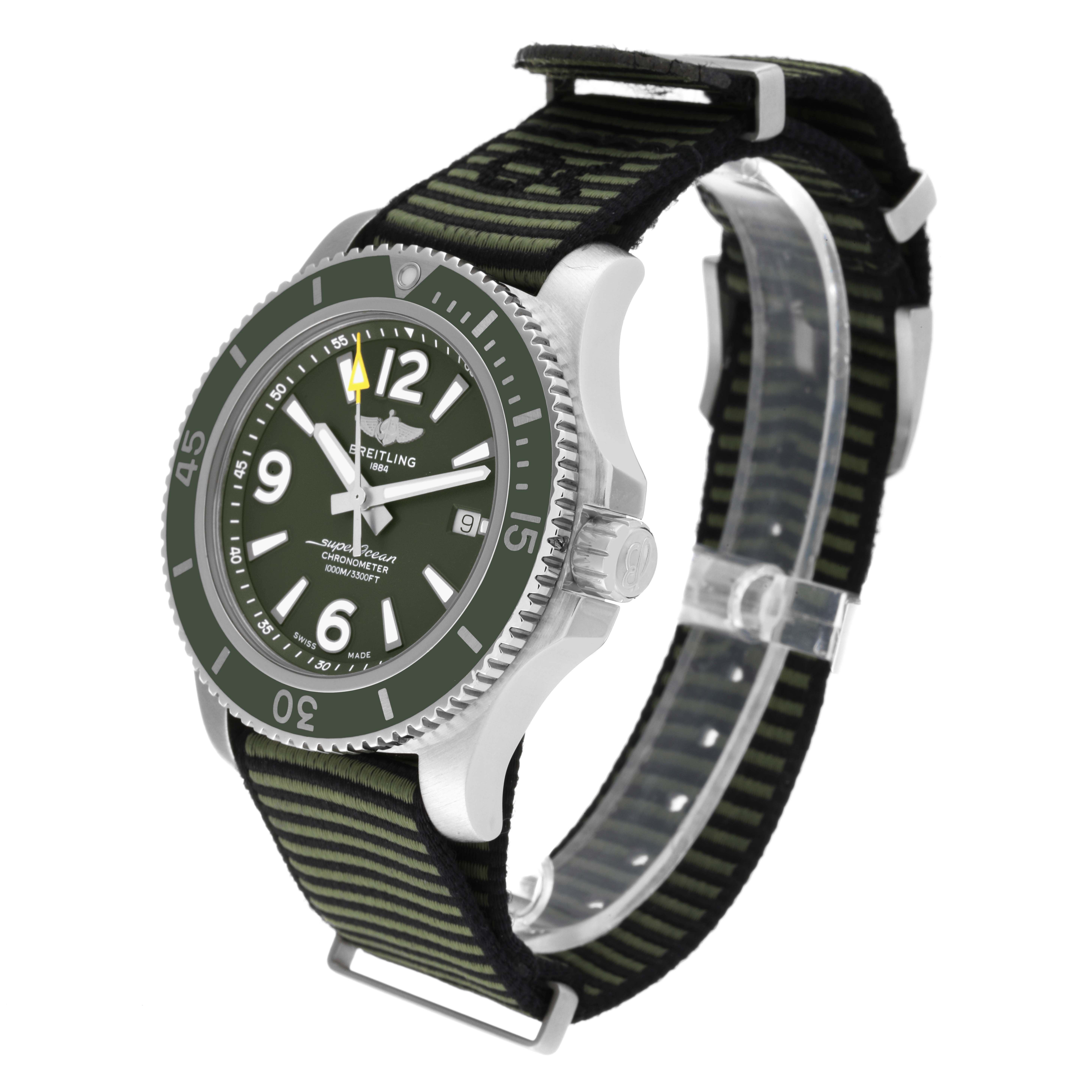 The image shows a side angle of the Breitling Superocean A17367 Men's Stainless Steel Green Dial A17367 Men's Stainless Steel Green Dial watch, highlighting its green dial, bezel, and fabric strap.
