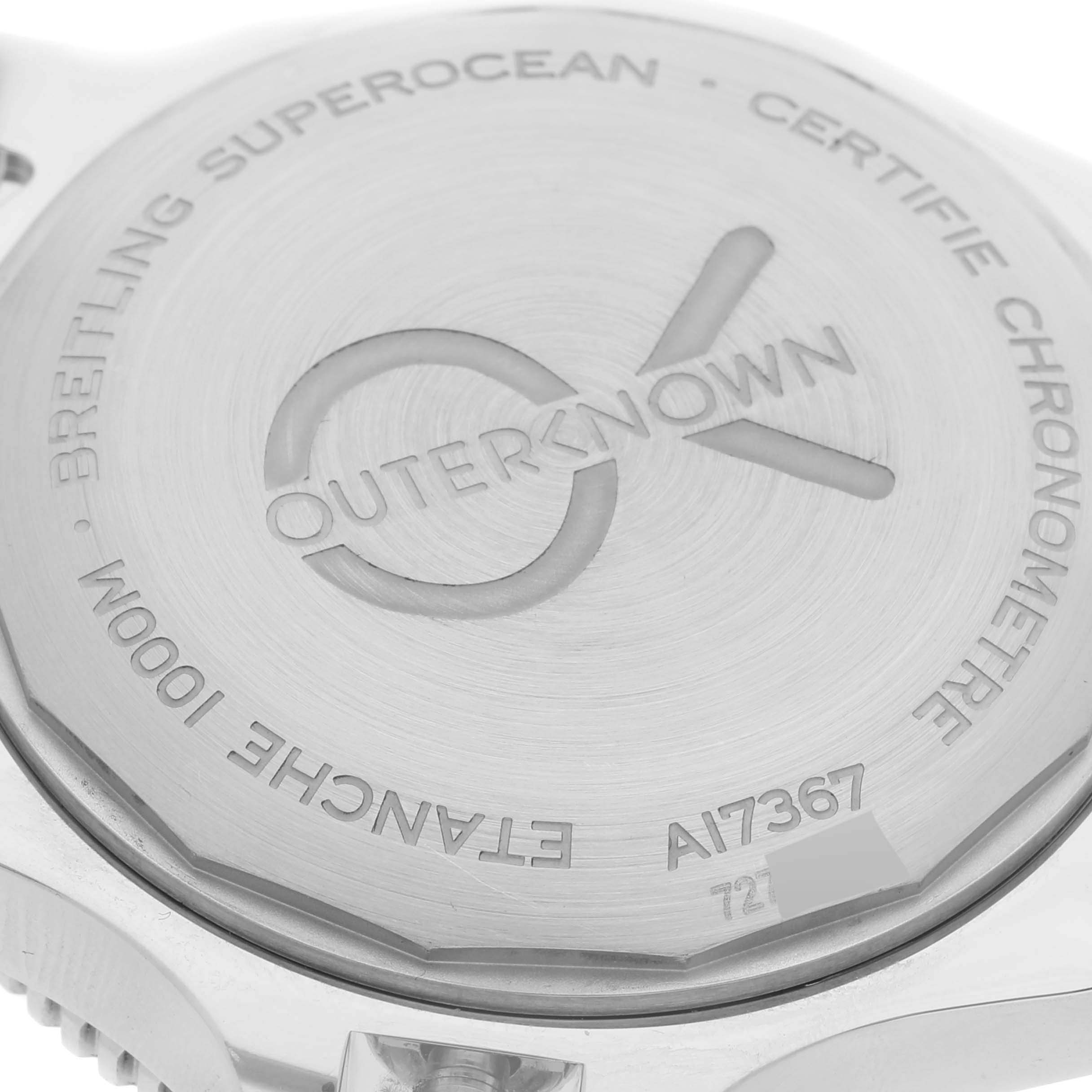 The image shows the back case of a Breitling Superocean A17367 Men's Stainless Steel Green Dial A17367 Men's Stainless Steel Green Dial watch, highlighting the engravings and model information.