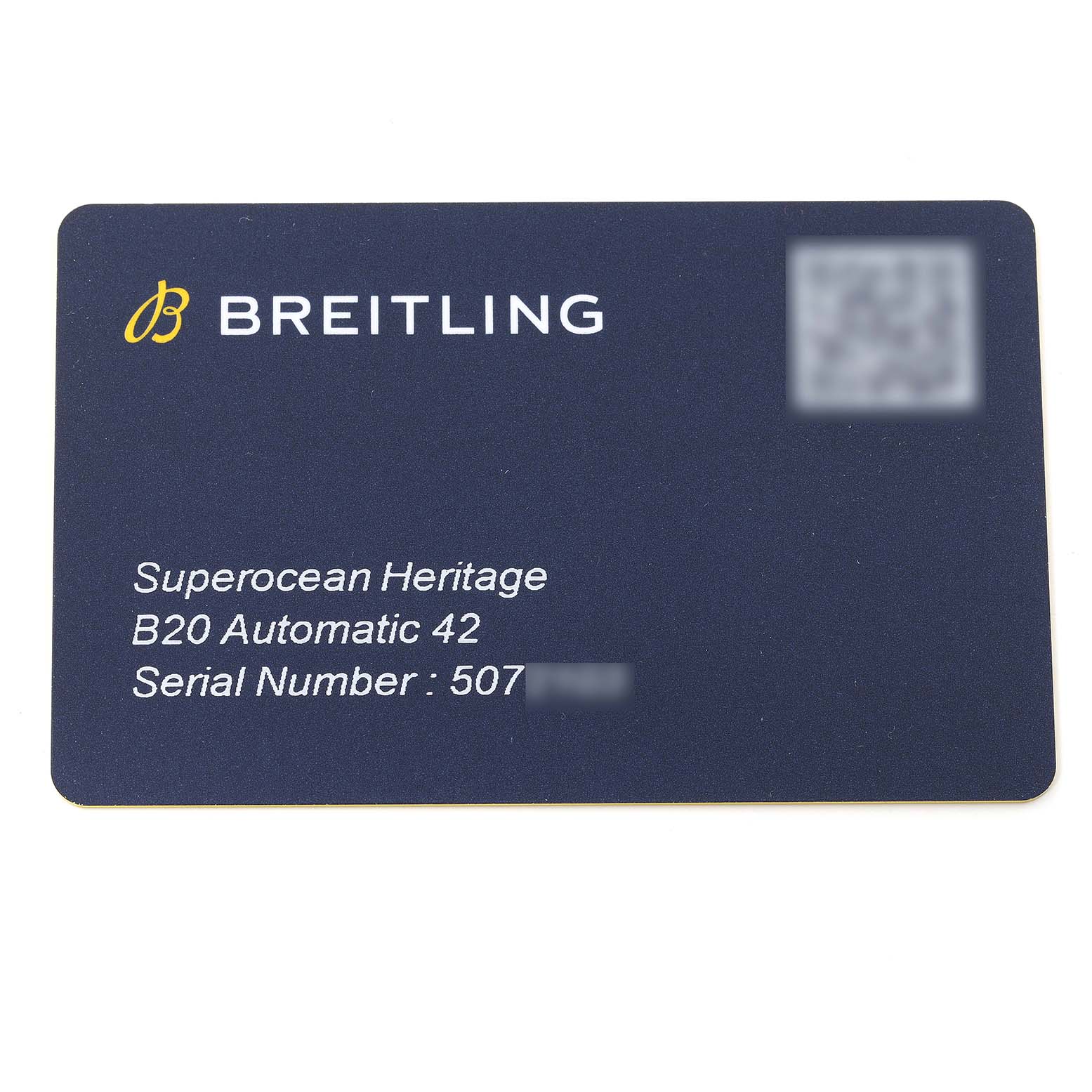 The image shows a certification card for a Breitling Superocean UB2010 Men's Steel and Gold (two tone) Black Dial UB2010 Men's Steel and Gold (two tone) Black Dial Heritage B20 Automatic 42 watch.
