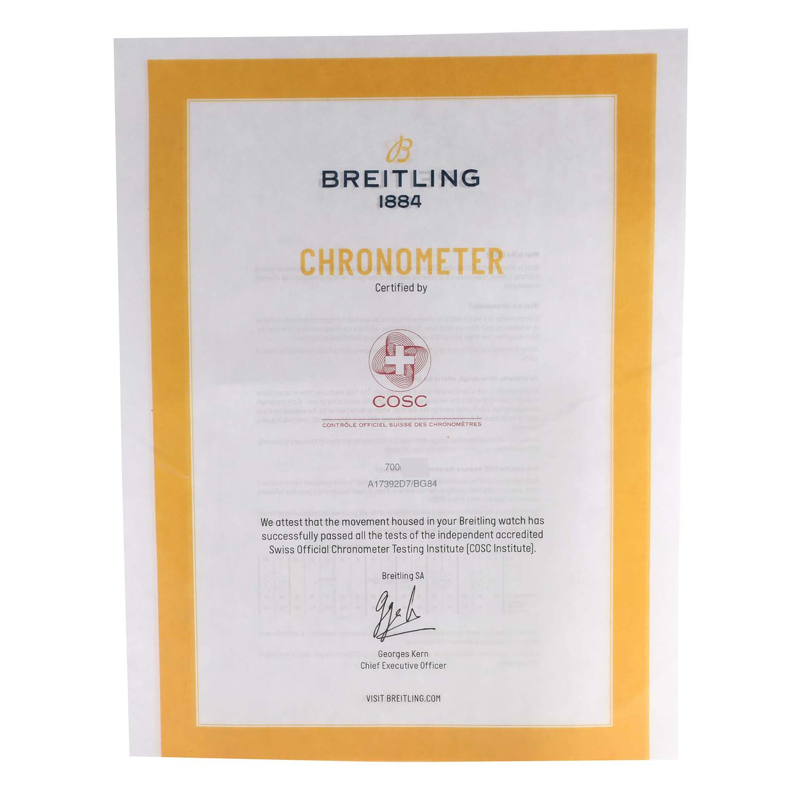 The image shows a COSC Chronometer certification paper for a Breitling Superocean A17392 Men's Stainless Steel Black Dial A17392 Men's Stainless Steel Black Dial watch.