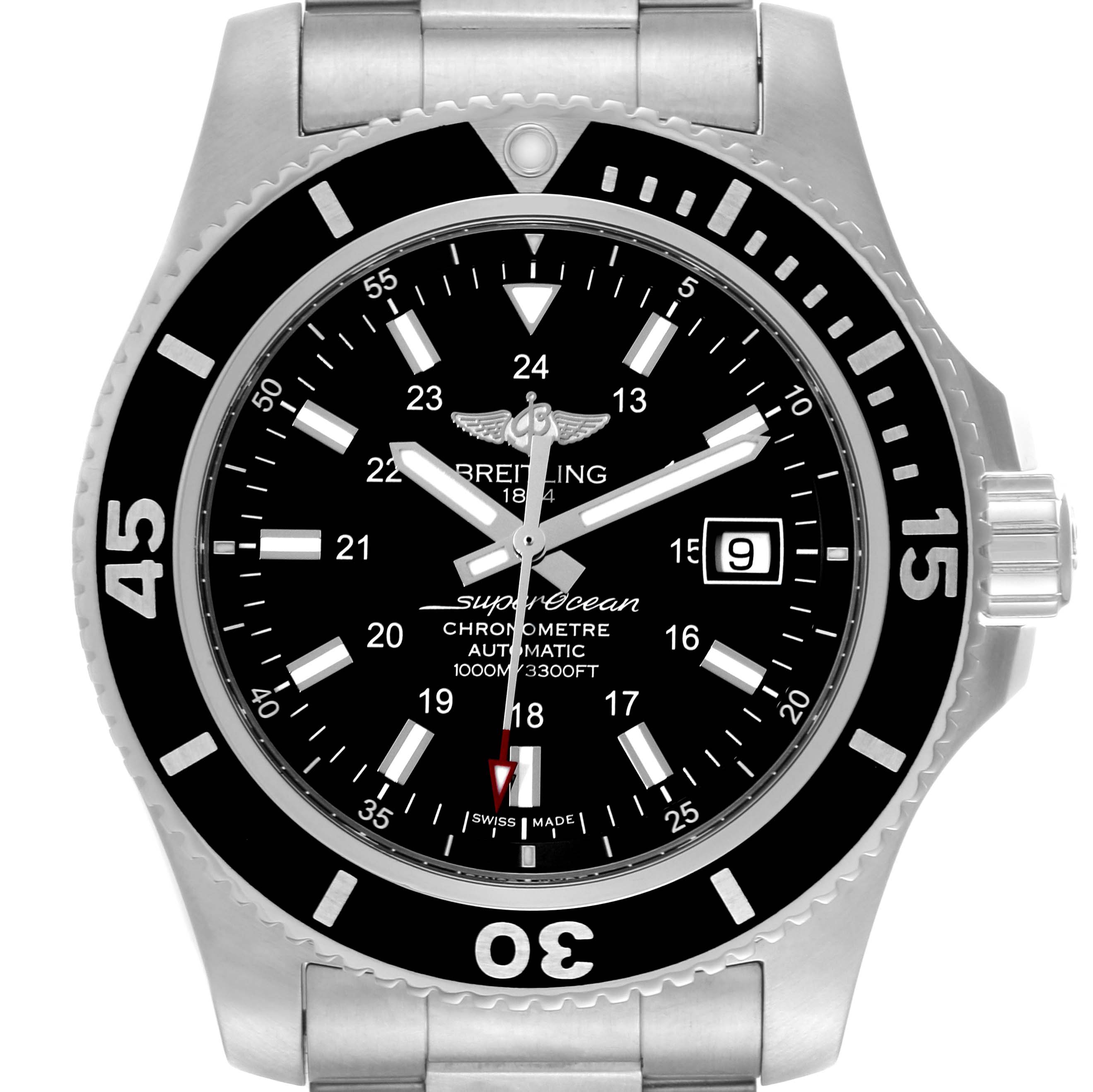 The image shows a frontal view of a Breitling Superocean A17392 Men's Stainless Steel Black Dial A17392 Men's Stainless Steel Black Dial watch, highlighting its face, bezel, and part of the bracelet.