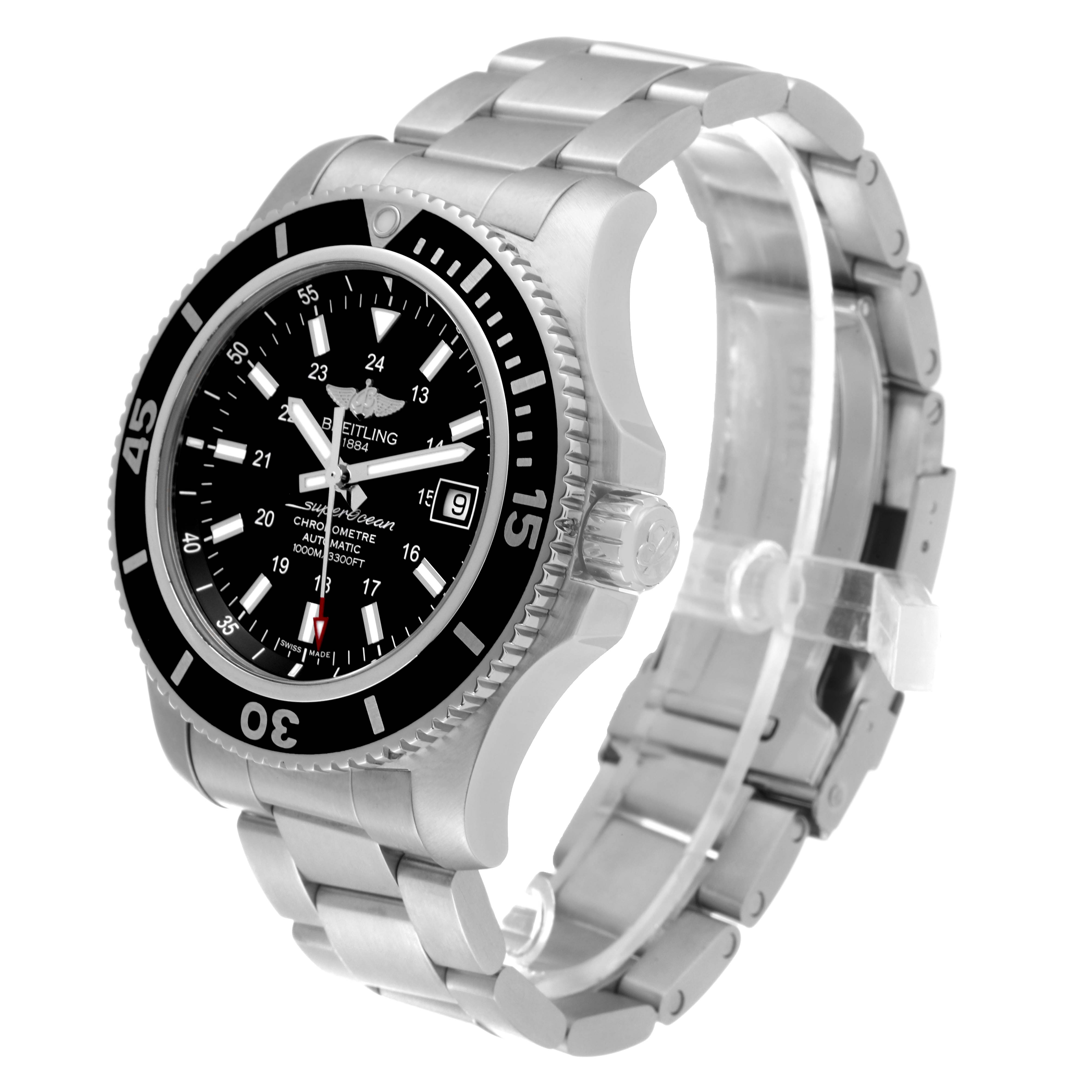The Breitling Superocean A17392 Men's Stainless Steel Black Dial A17392 Men's Stainless Steel Black Dial watch is shown at a three-quarter angle, highlighting its black dial, bezel, and stainless steel bracelet.