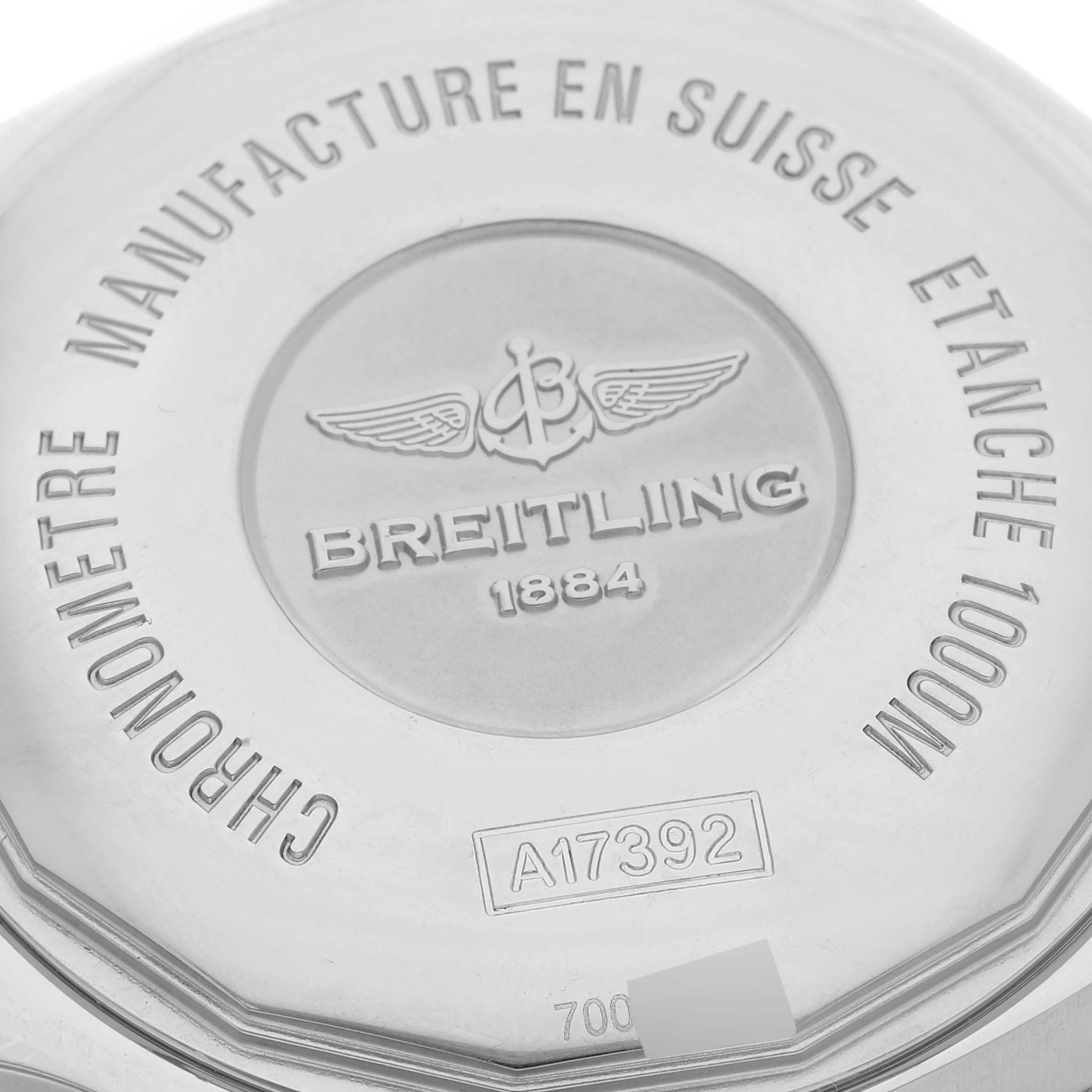 This image shows the engraved back case of a Breitling Superocean A17392 Men's Stainless Steel Black Dial A17392 Men's Stainless Steel Black Dial watch, highlighting its model number and specifications.