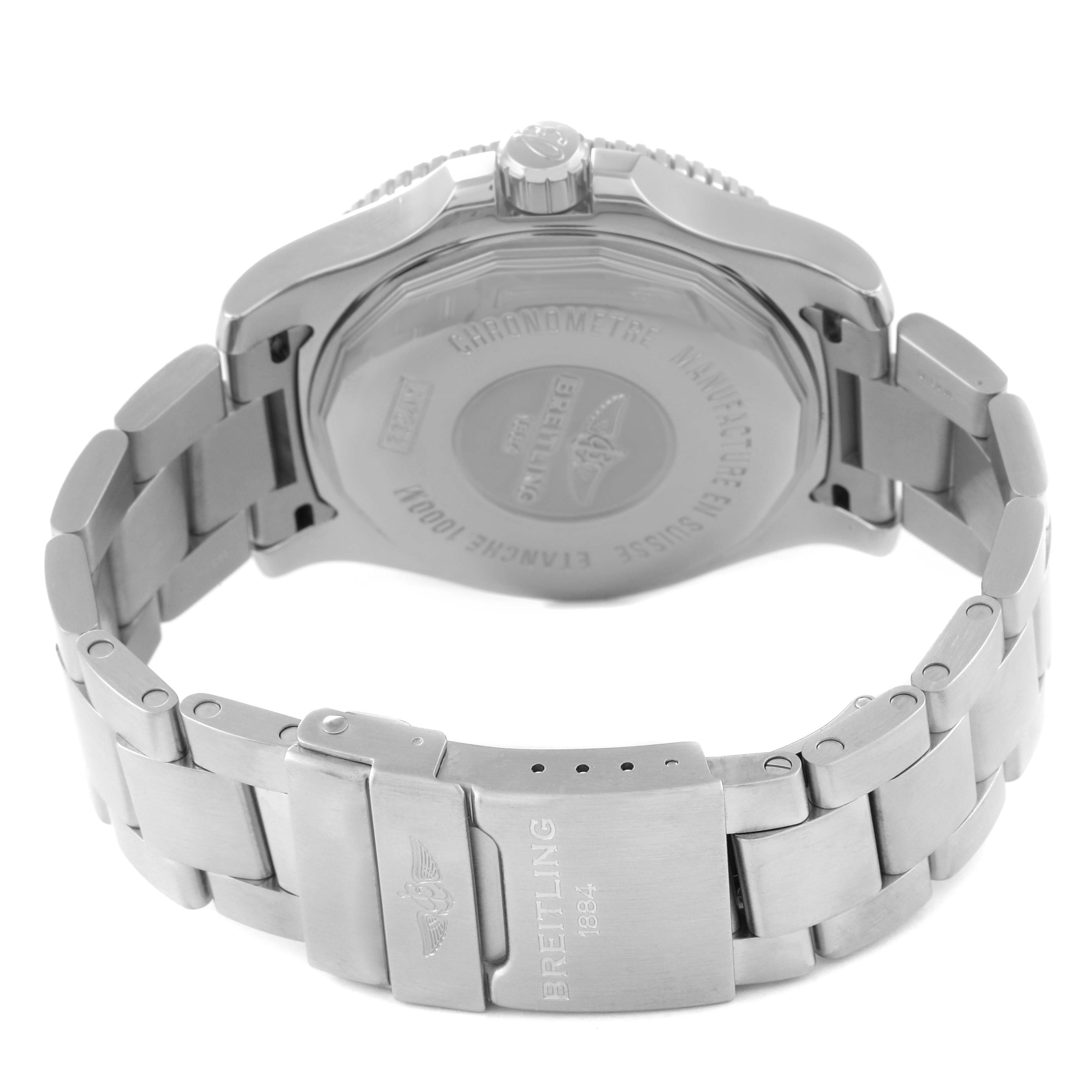 The image shows the back view of a Breitling Superocean A17392 Men's Stainless Steel Black Dial A17392 Men's Stainless Steel Black Dial watch, highlighting its case back and metal bracelet. 