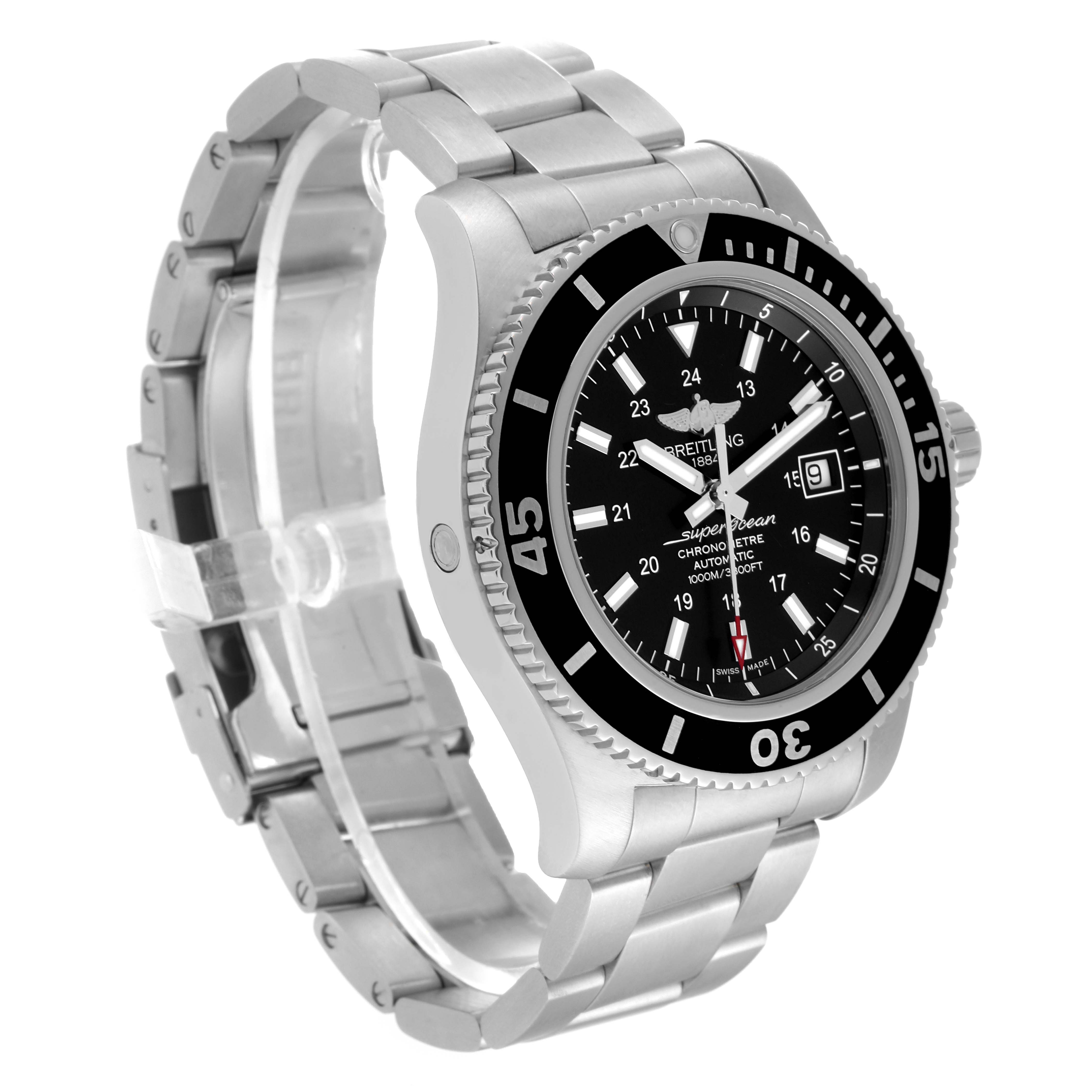 The image shows a Breitling Superocean A17392 Men's Stainless Steel Black Dial A17392 Men's Stainless Steel Black Dial watch angled to display the face, bezel, and metal bracelet.
