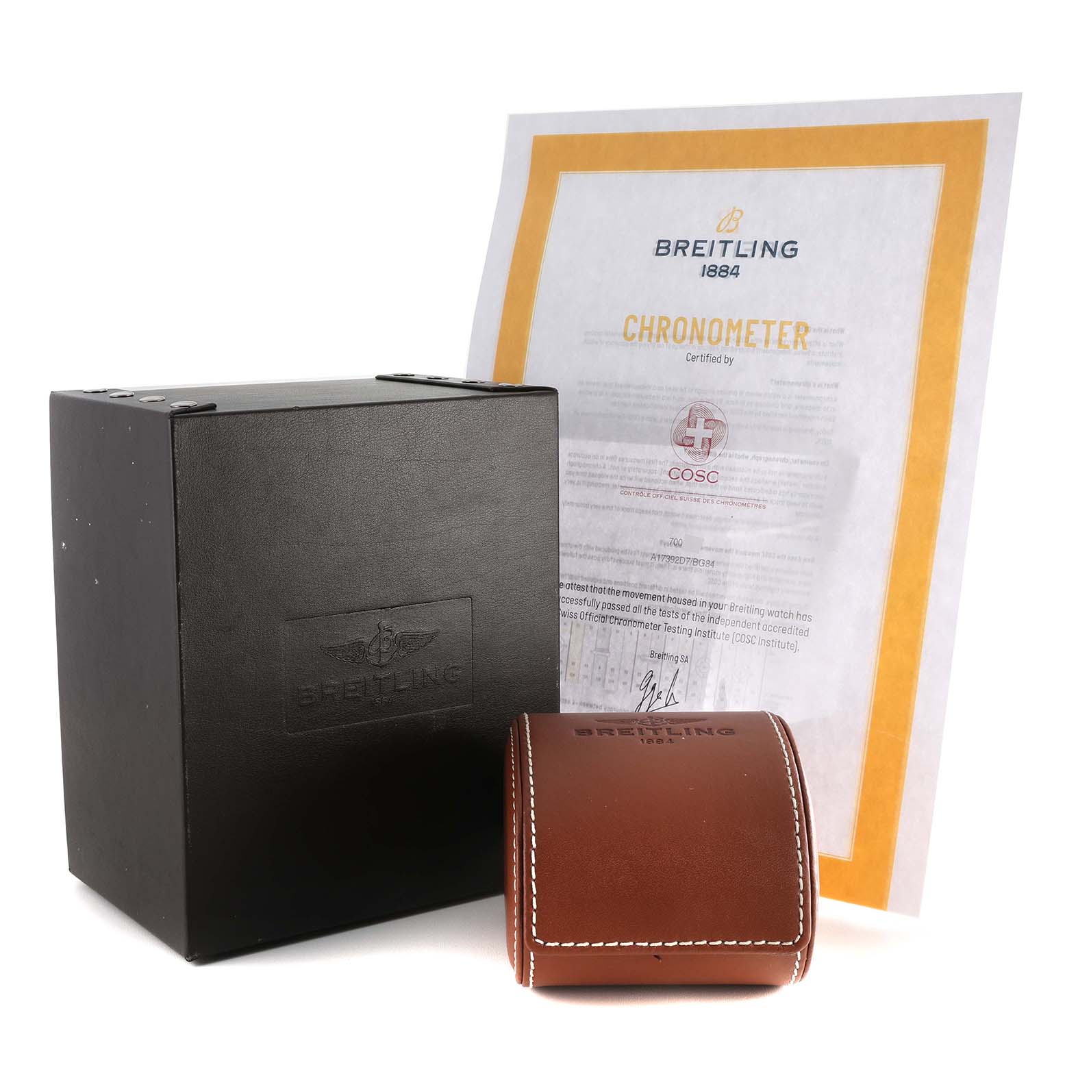The image displays the Breitling Superocean A17392 Men's Stainless Steel Black Dial A17392 Men's Stainless Steel Black Dial watch's black box, brown leather watch case, and certification document.