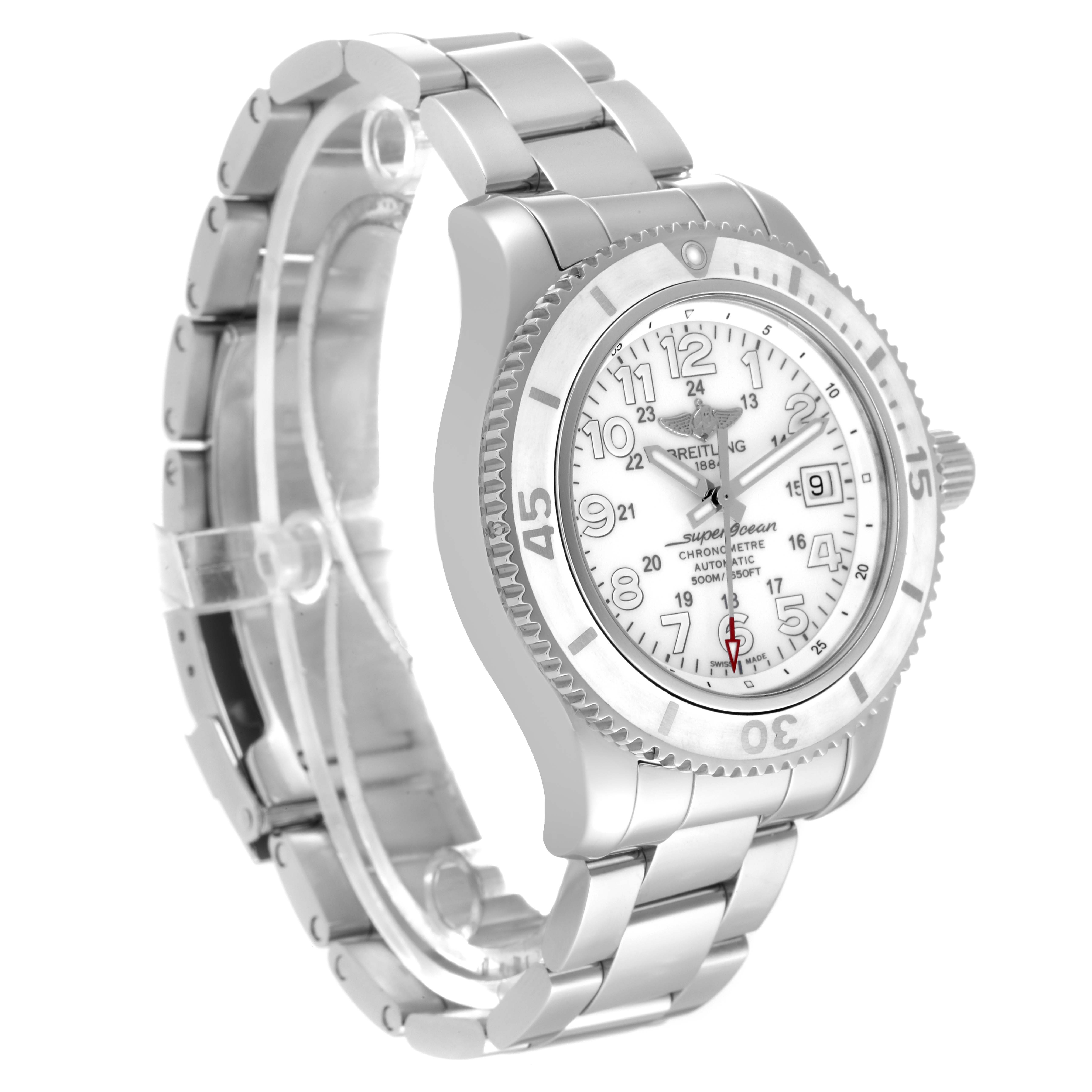 The image shows a Breitling Superocean A17365 Men's Stainless Steel White Dial A17365 Men's Stainless Steel White Dial watch from a front-left angle, highlighting its bezel, dial, and bracelet.