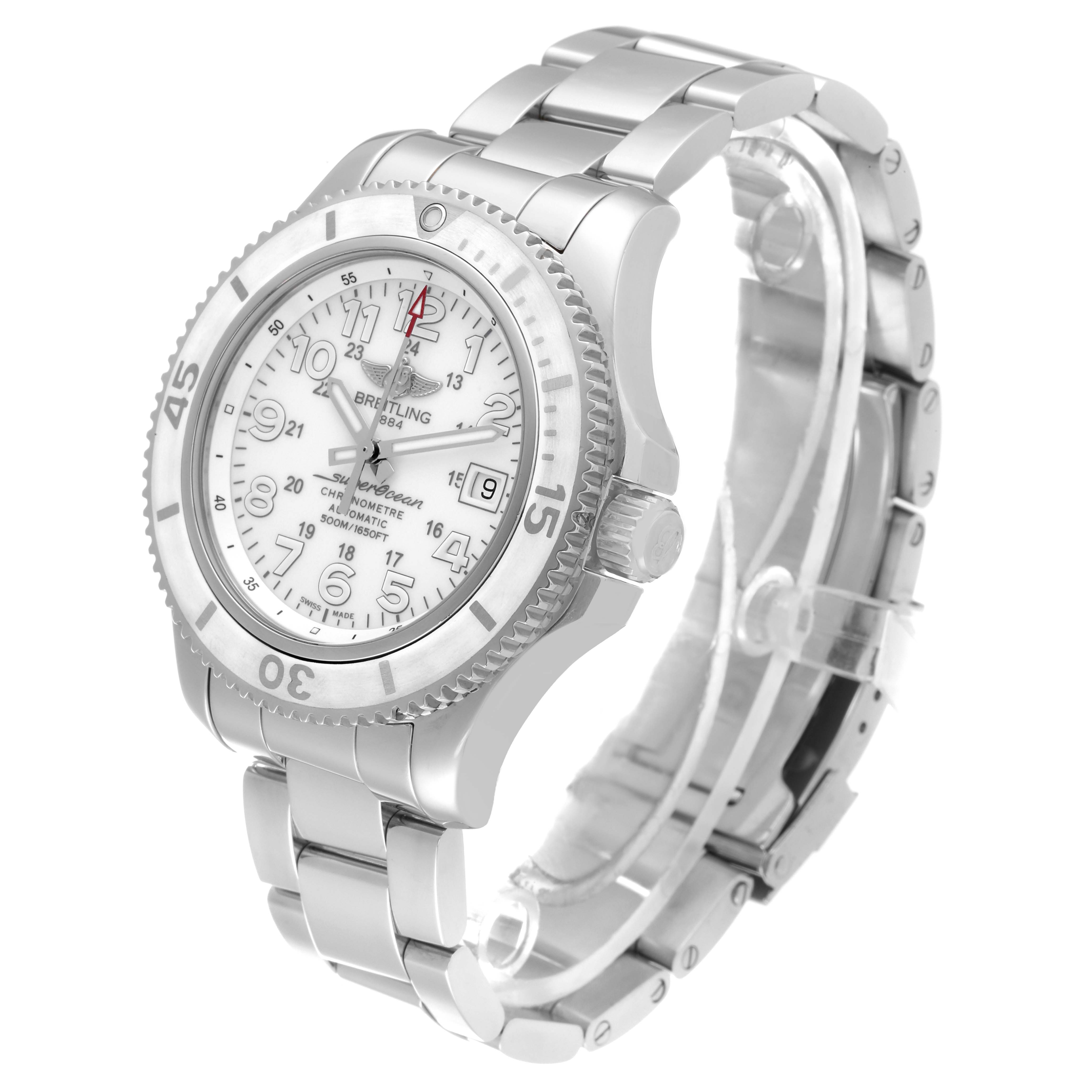 The Breitling Superocean A17365 Men's Stainless Steel White Dial A17365 Men's Stainless Steel White Dial watch is shown at a three-quarter angle, displaying the face, bezel, crown, and stainless steel bracelet.