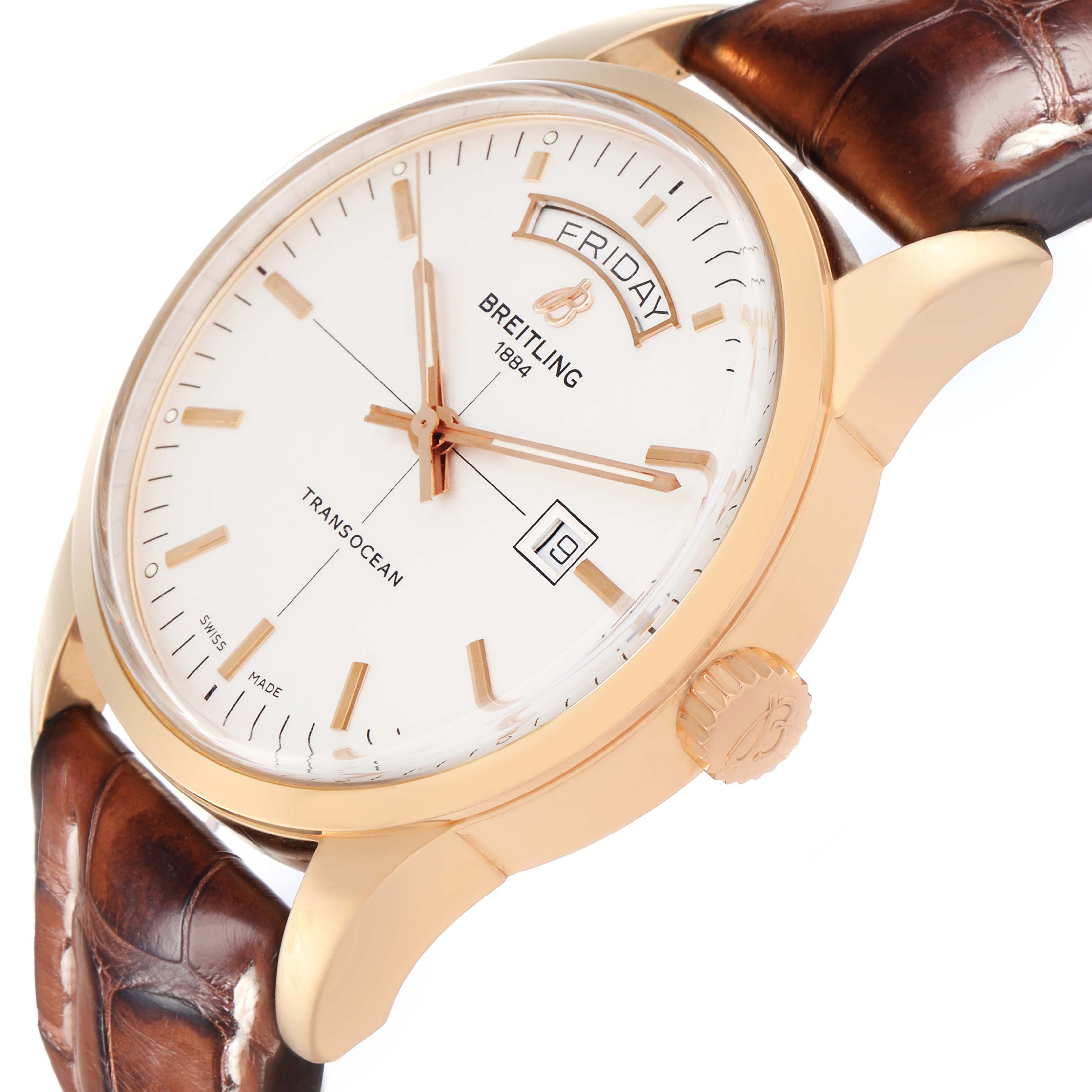 The Breitling Transocean R45310 Men
s Rose Gold Silver Dial watch is shown from a front-side angle, displaying the dial, crown, and leather strap.