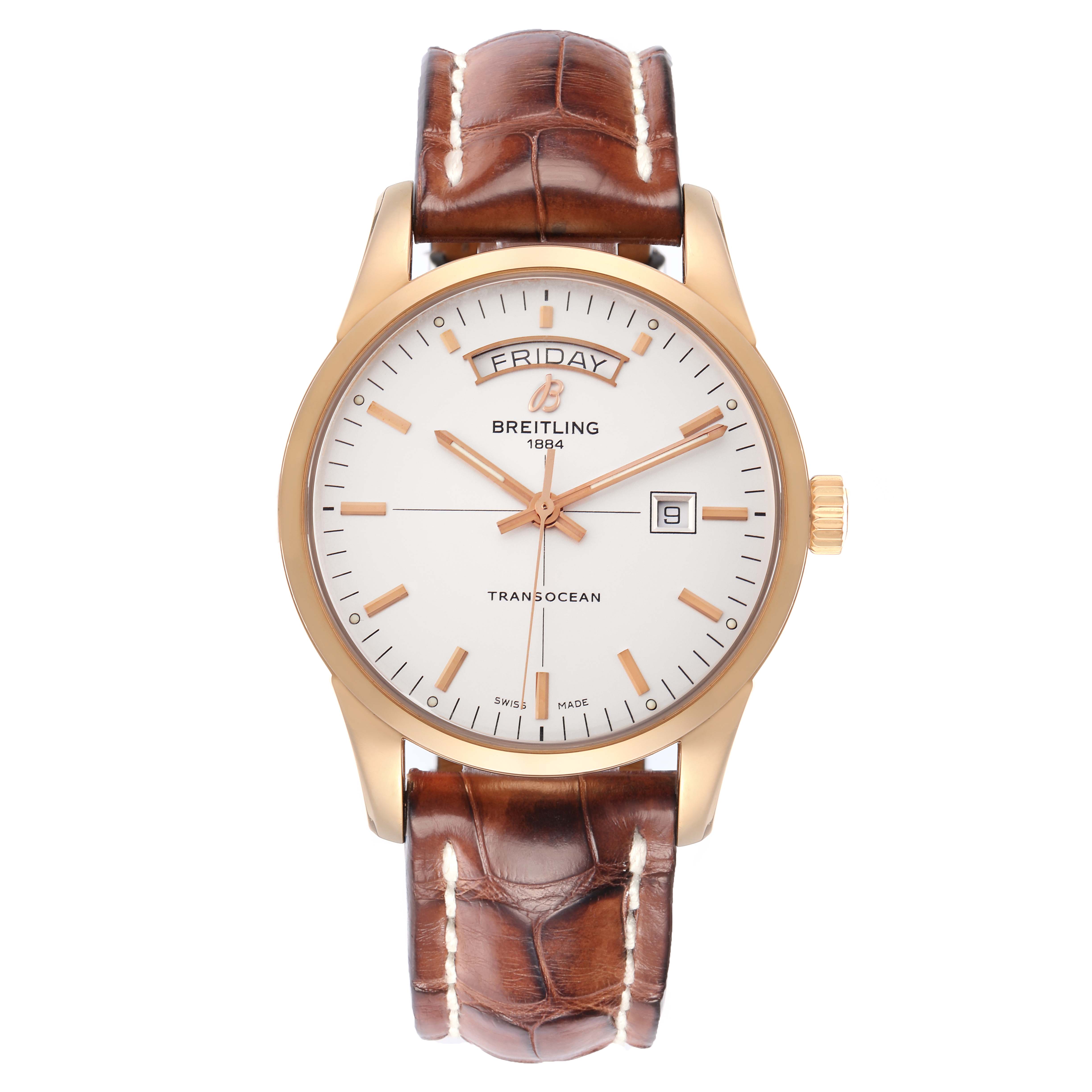 The Breitling Transocean R45310 Men
s Rose Gold Silver Dial watch is shown from the front, displaying the dial, hands, day-date features, and leather strap.