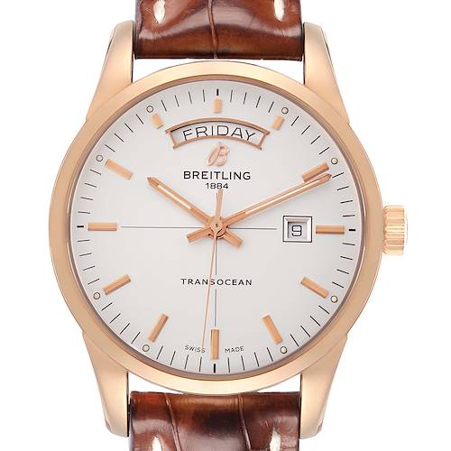The Breitling Transocean R45310 Men's Rose Gold Silver Dial watch is shown from a direct front angle, highlighting the dial, hands, and leather strap.