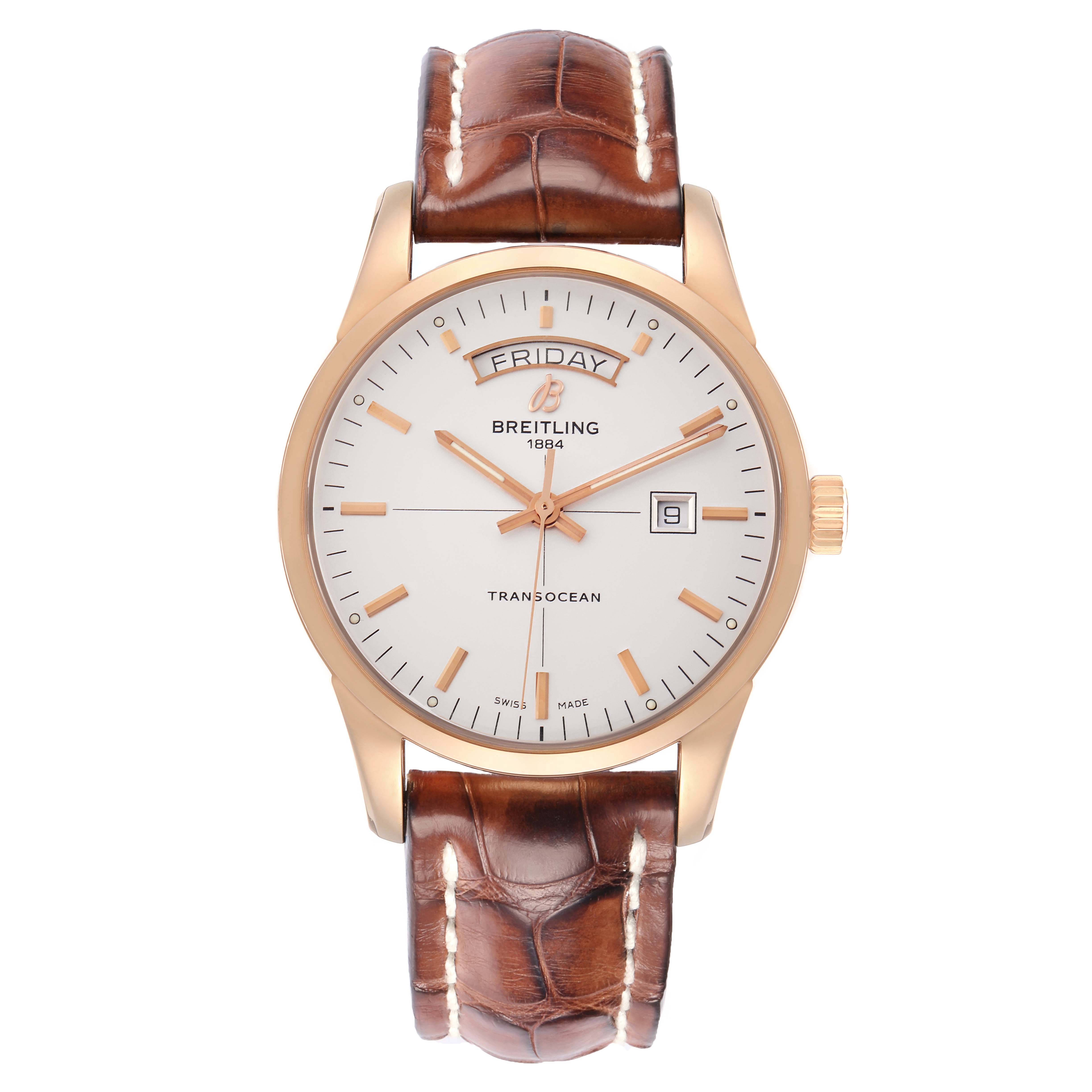 The Breitling Transocean R45310 Men's Rose Gold Silver Dial watch is shown from the front, displaying the dial, hands, date, and brown leather strap.