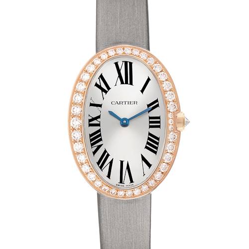 The Cartier Baignoire WB520004 Women's Rose Gold Silver Dial watch is shown from the front, highlighting its oval face, diamond bezel, and Roman numerals.
