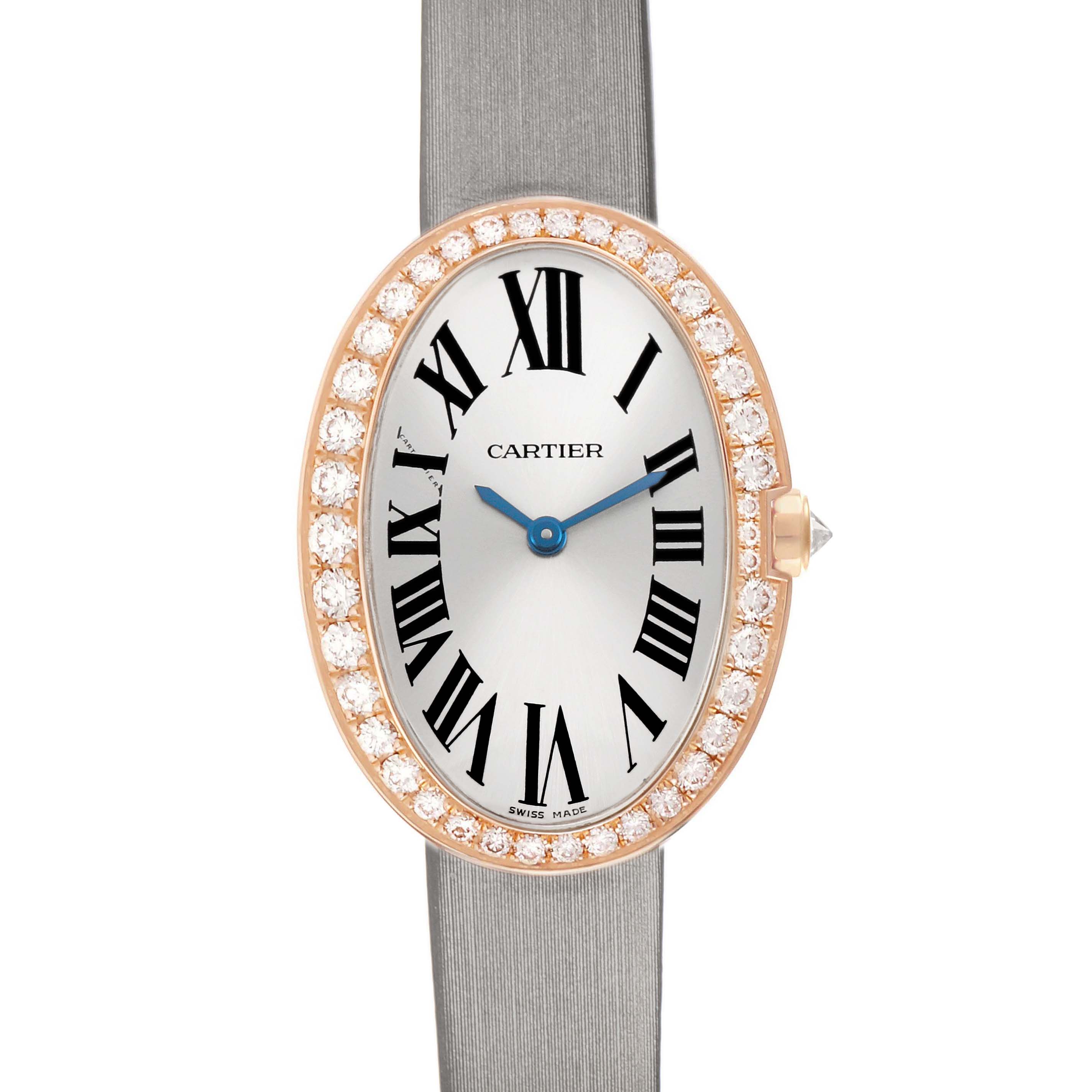 The Cartier Baignoire WB520004 Women's Rose Gold Silver Dial watch is shown from a front view, highlighting its oval case, diamond bezel, and Roman numeral dial.