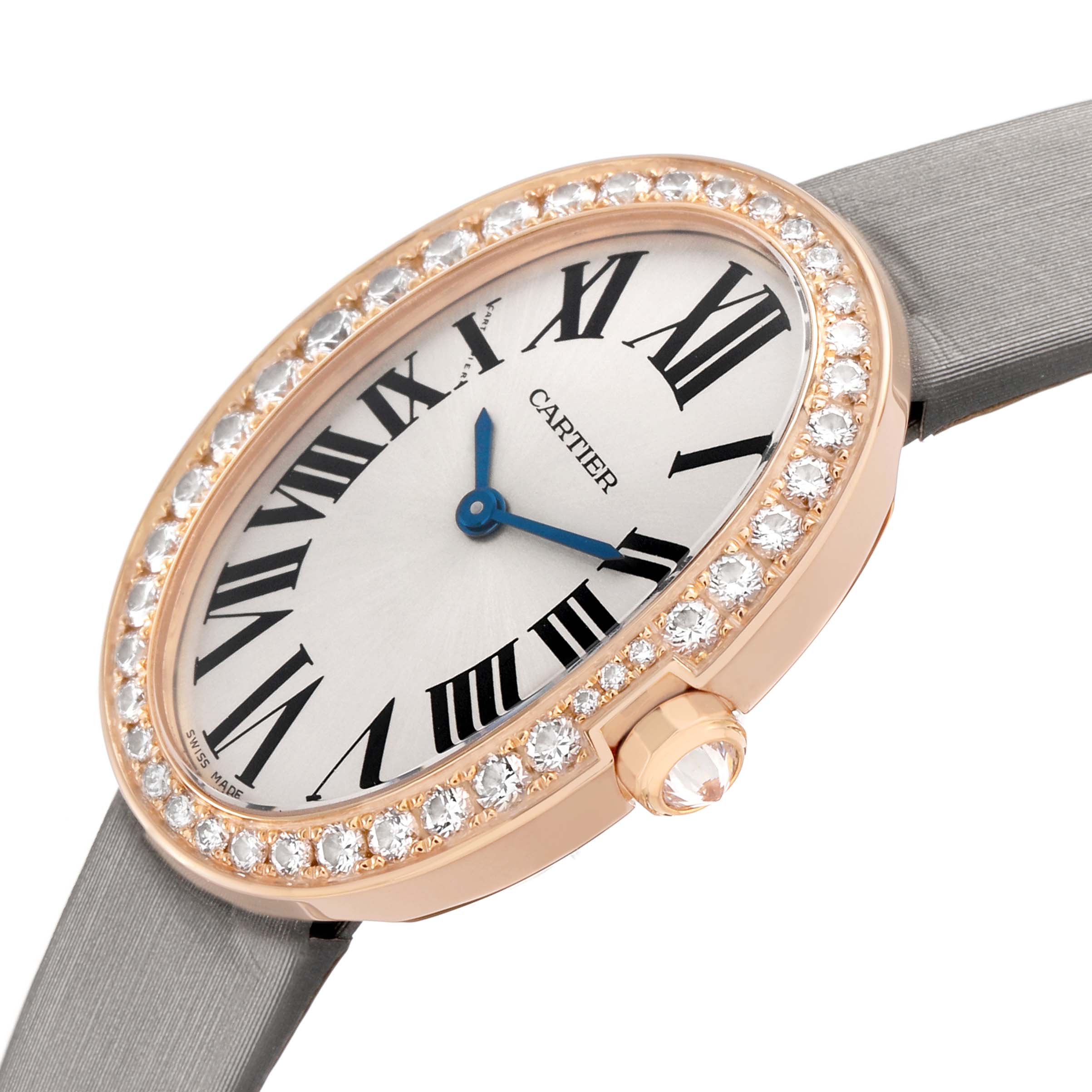 The Cartier Baignoire WB520004 Women's Rose Gold Silver Dial watch is shown at an angle highlighting its oval face, diamond bezel, and strap.