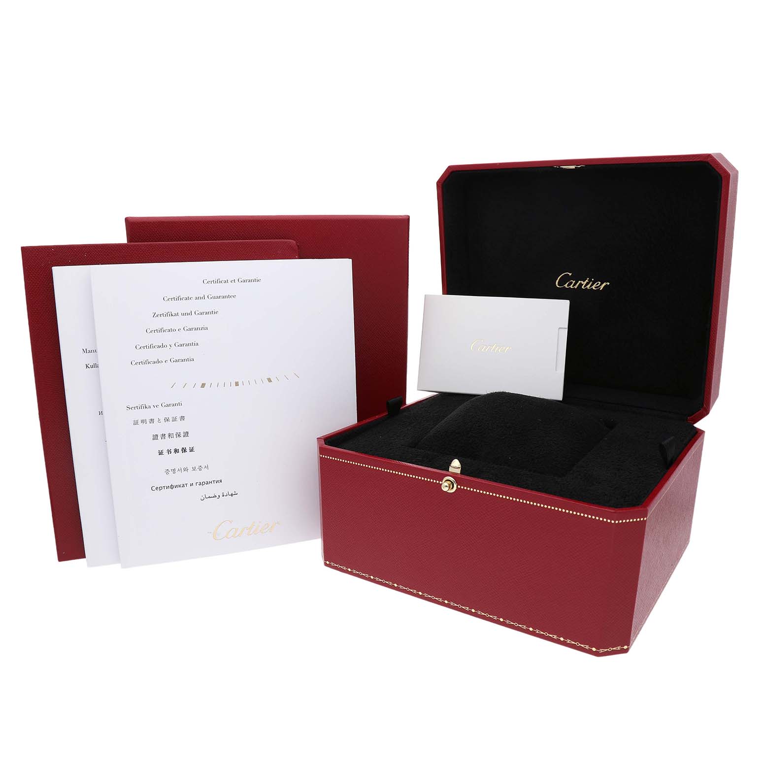 The image shows a Cartier Baignoire WB520004 Women's Rose Gold Silver Dial watch box and accessories, including a red case, documents, and a card.