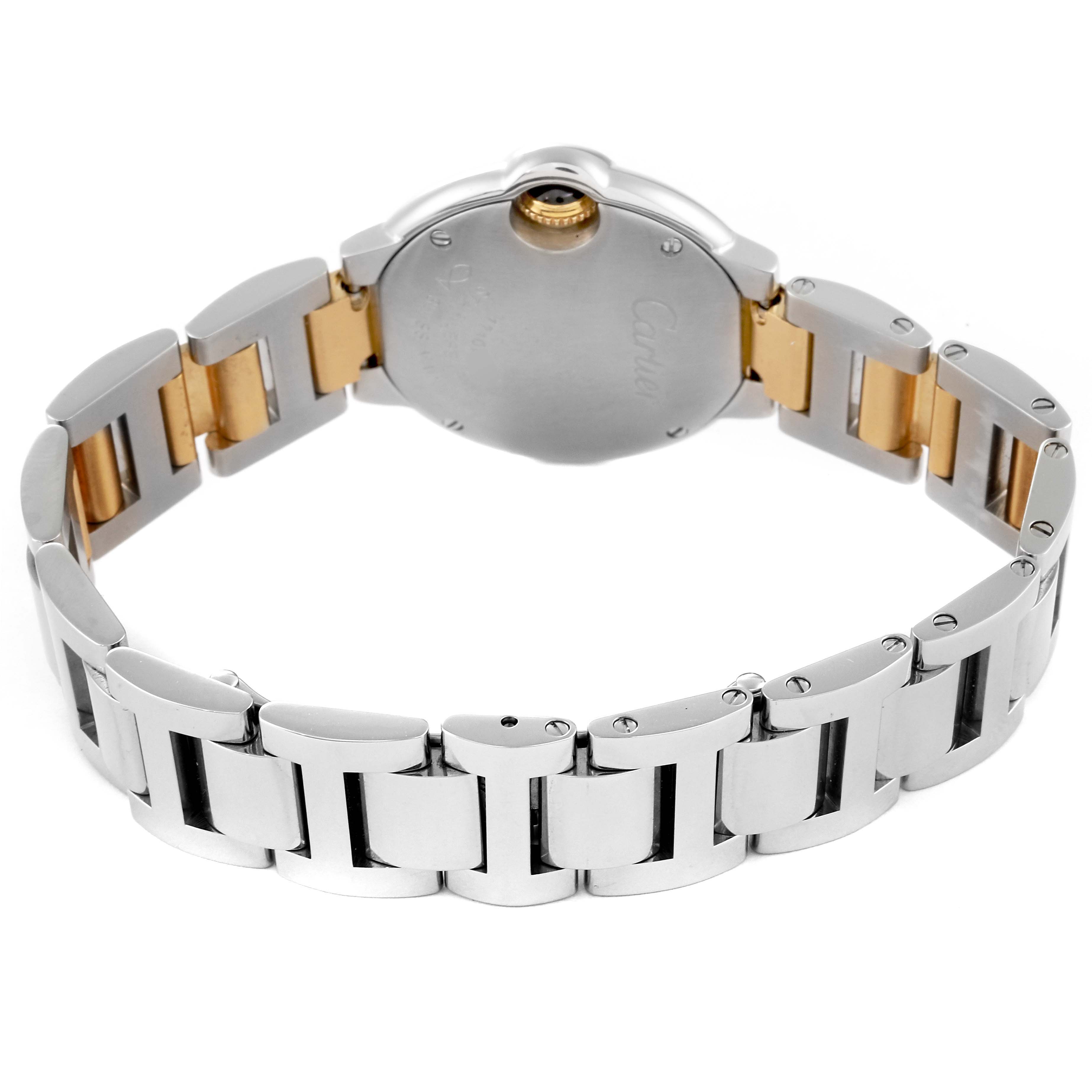 The image shows the back and bracelet of a Cartier Ballon Bleu W69007Z3 Women
s Steel and Gold (two tone) Silver Dial W69007Z3 Women
s Steel and Gold (two tone) Silver Dial watch, highlighting its two-tone metal design.