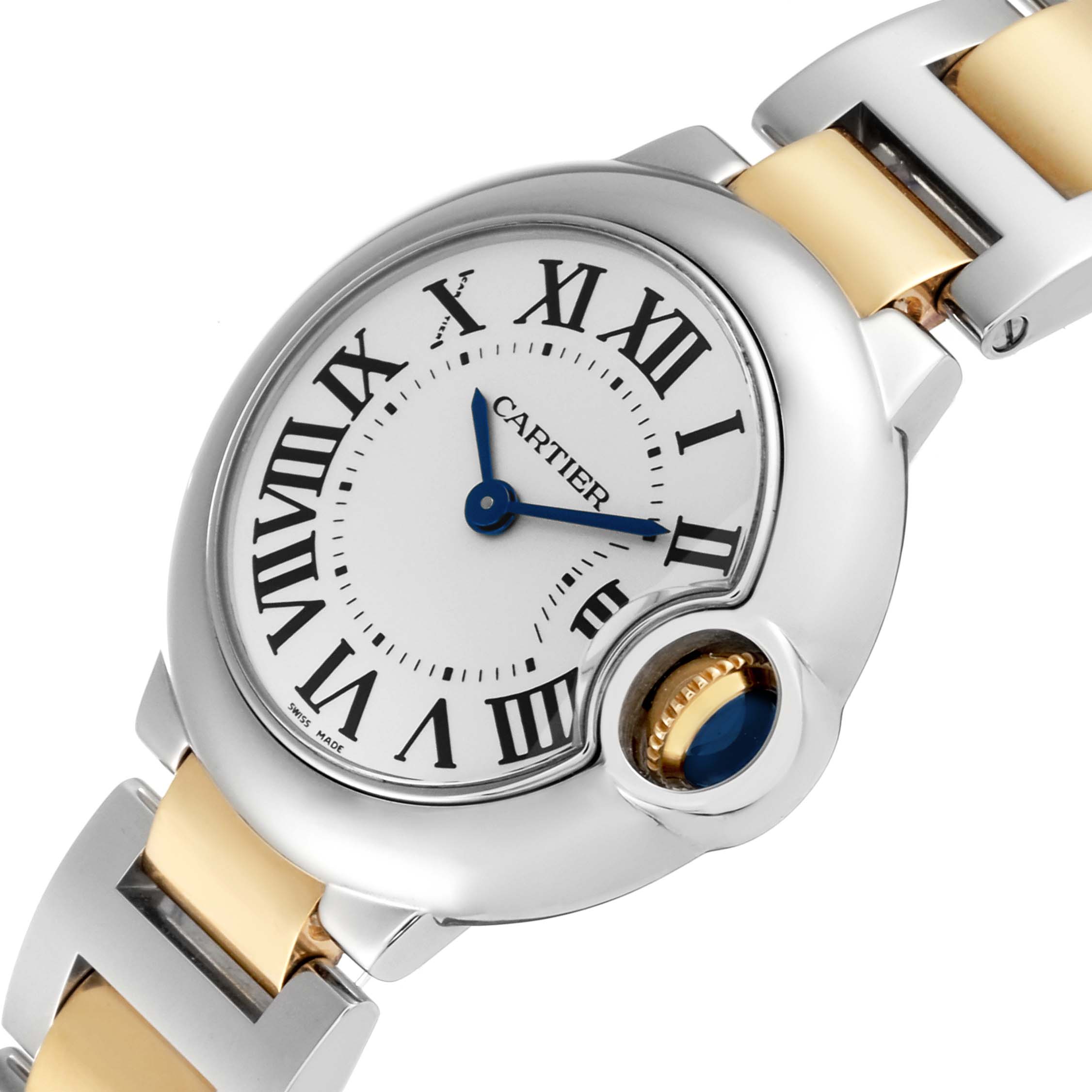 The Cartier Ballon Bleu W69007Z3 Women
s Steel and Gold (two tone) Silver Dial W69007Z3 Women
s Steel and Gold (two tone) Silver Dial watch is shown from an angled front view displaying the face, crown, and partial strap.