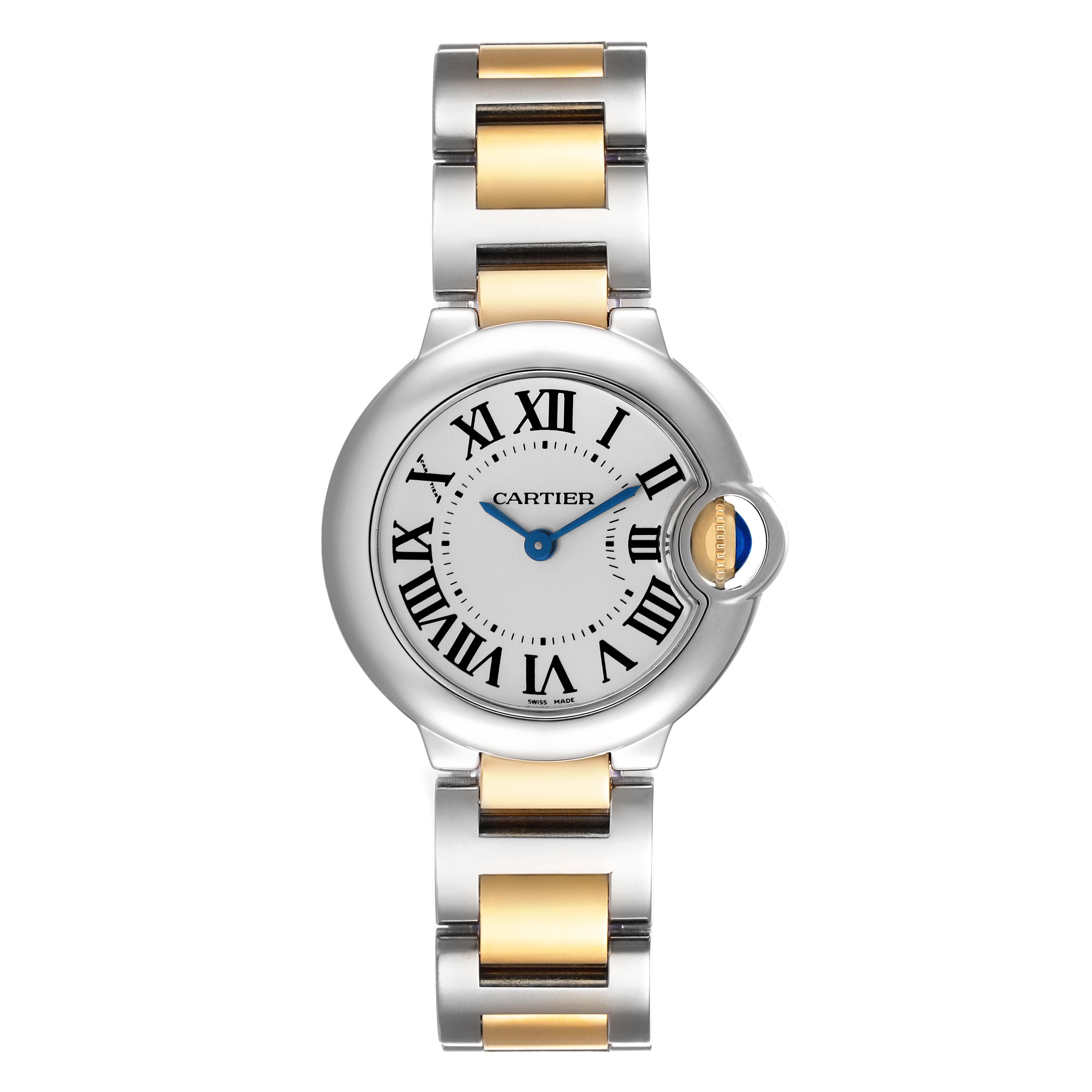 The image shows a front view of the Cartier Ballon Bleu W69007Z3 Women
s Steel and Gold (two tone) Silver Dial W69007Z3 Women
s Steel and Gold (two tone) Silver Dial watch featuring its round dial and two-tone metal bracelet.