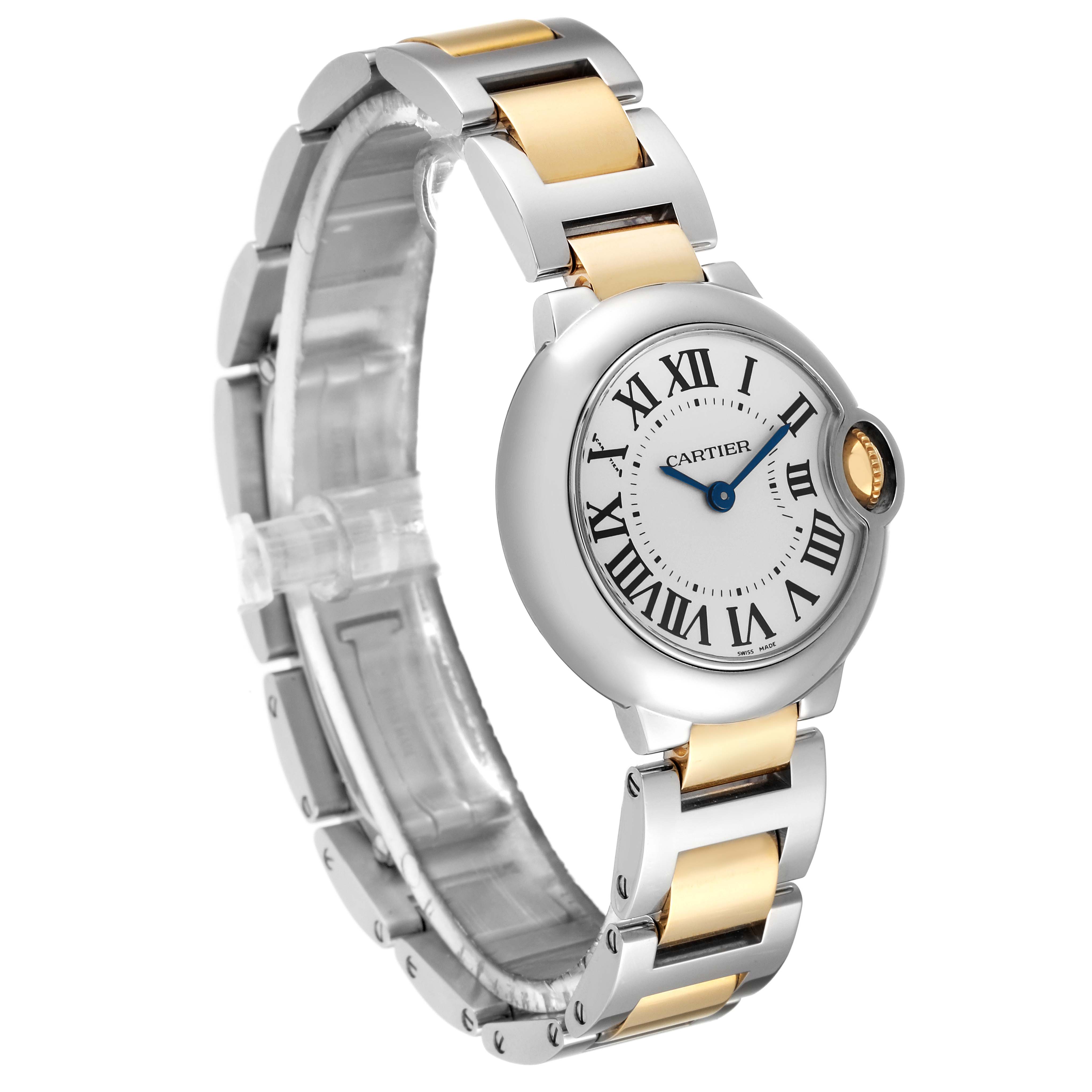 The image shows a Ballon Bleu by Cartier from a right-side angle, displaying the watch face, bracelet, and crown.
