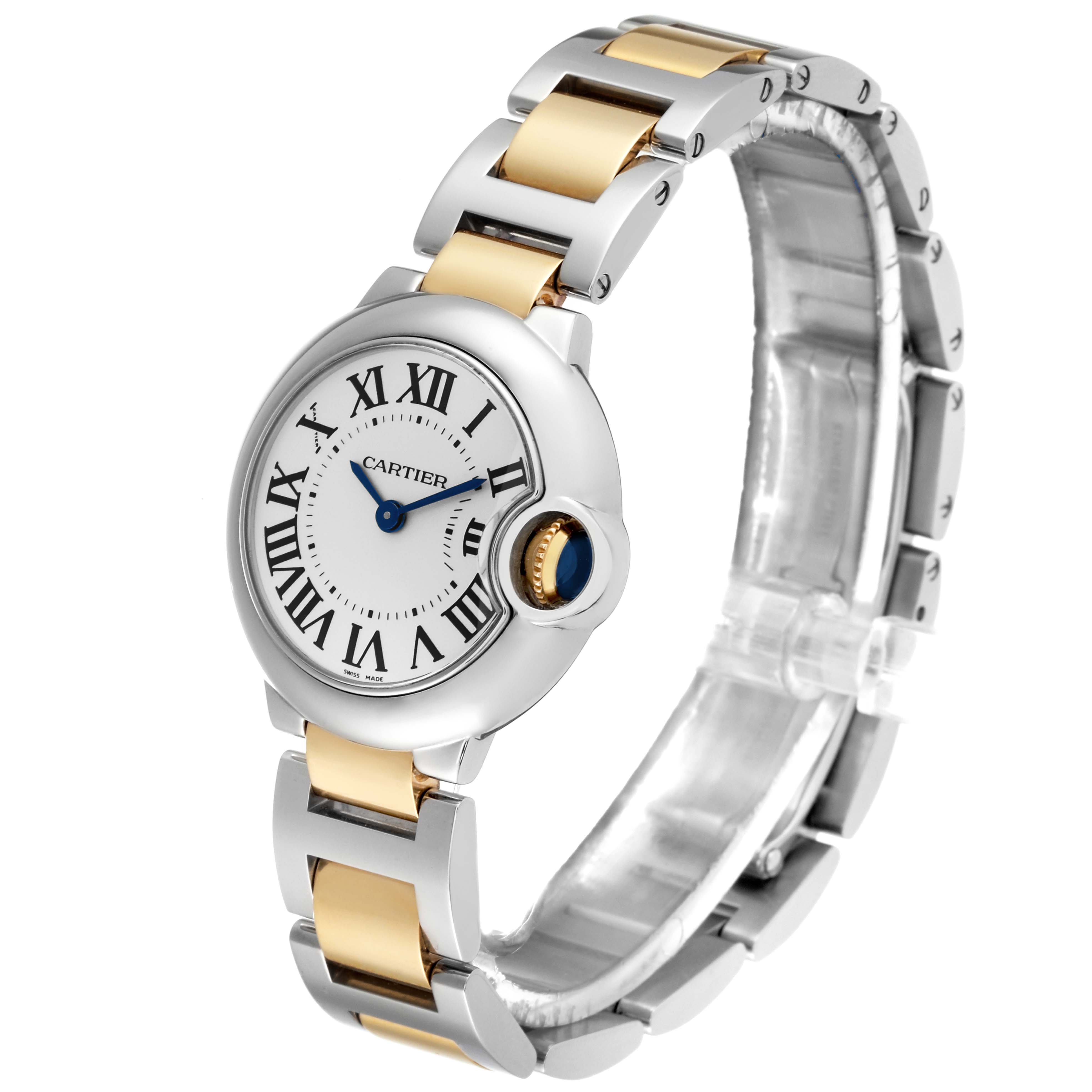 This image shows a side angle of the Cartier Ballon Bleu W69007Z3 Women
s Steel and Gold (two tone) Silver Dial W69007Z3 Women
s Steel and Gold (two tone) Silver Dial watch, highlighting the face, Roman numeral markers, and the two-tone bracelet.