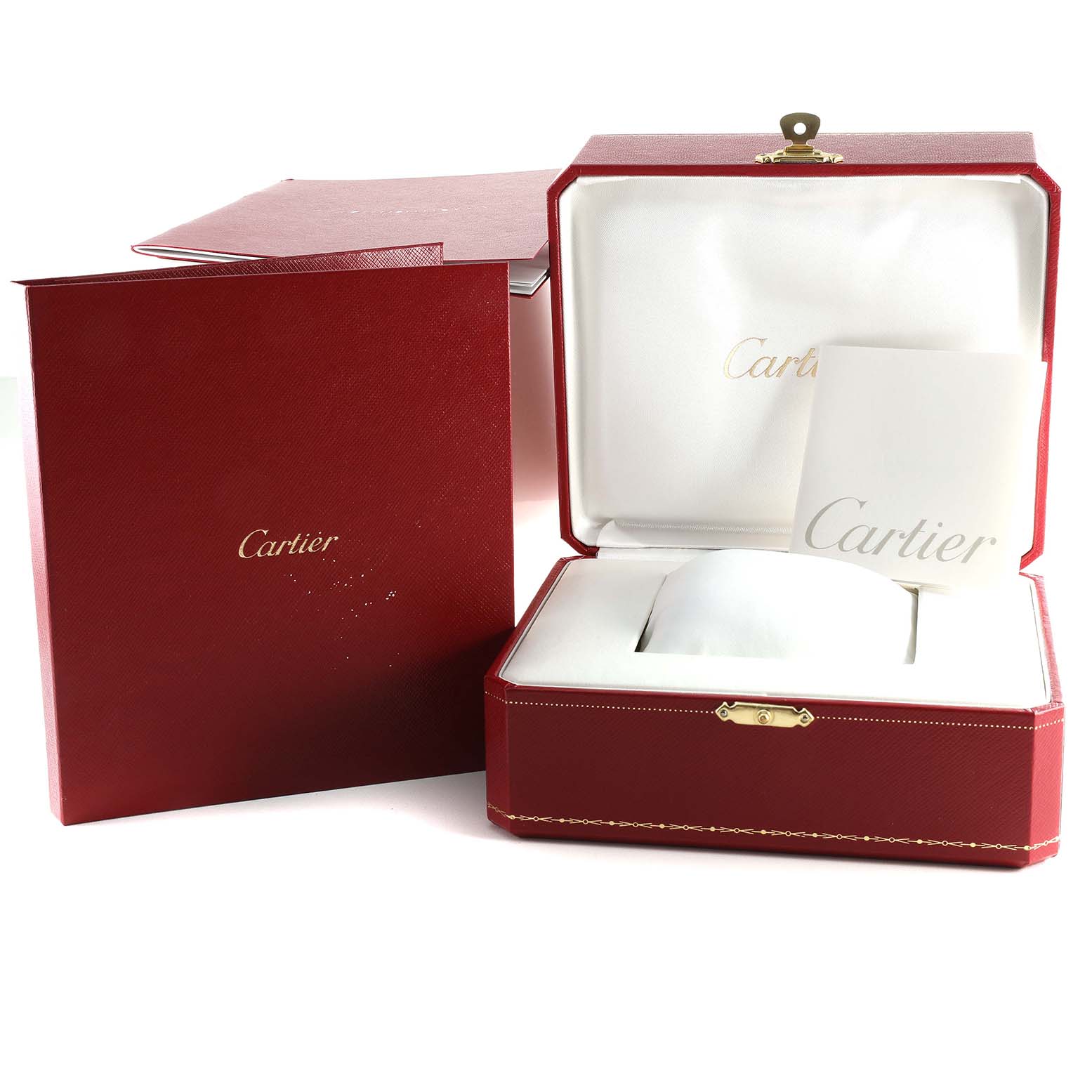 The image shows a Cartier Ballon Bleu W69007Z3 Women
s Steel and Gold (two tone) Silver Dial W69007Z3 Women
s Steel and Gold (two tone) Silver Dial watch box, including an open red leather case and accompanying booklets.