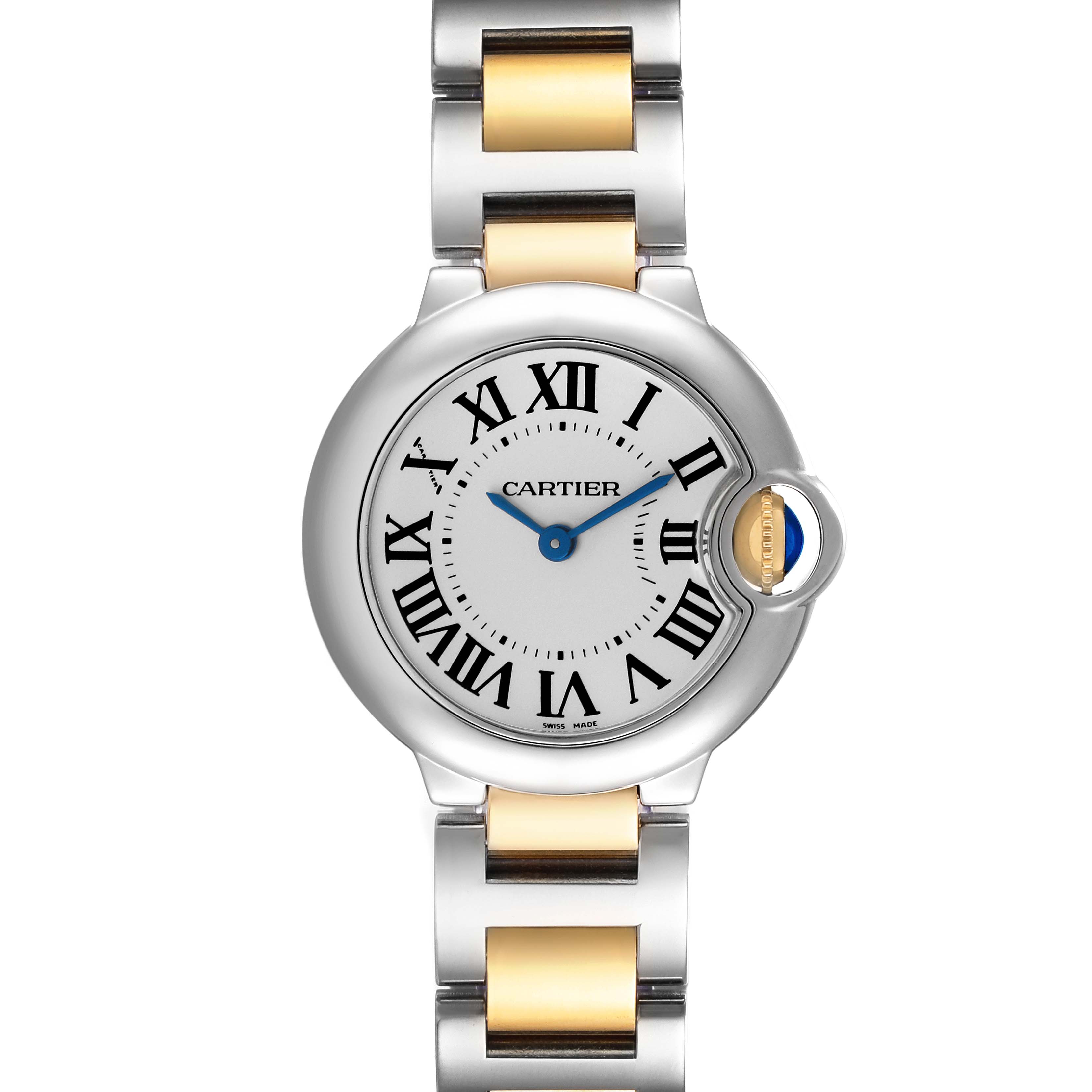 This image shows a front view of the Cartier Ballon Bleu W69007Z3 Women
s Steel and Gold (two tone) Silver Dial W69007Z3 Women
s Steel and Gold (two tone) Silver Dial watch, highlighting its dial, bracelet, and Roman numerals.
