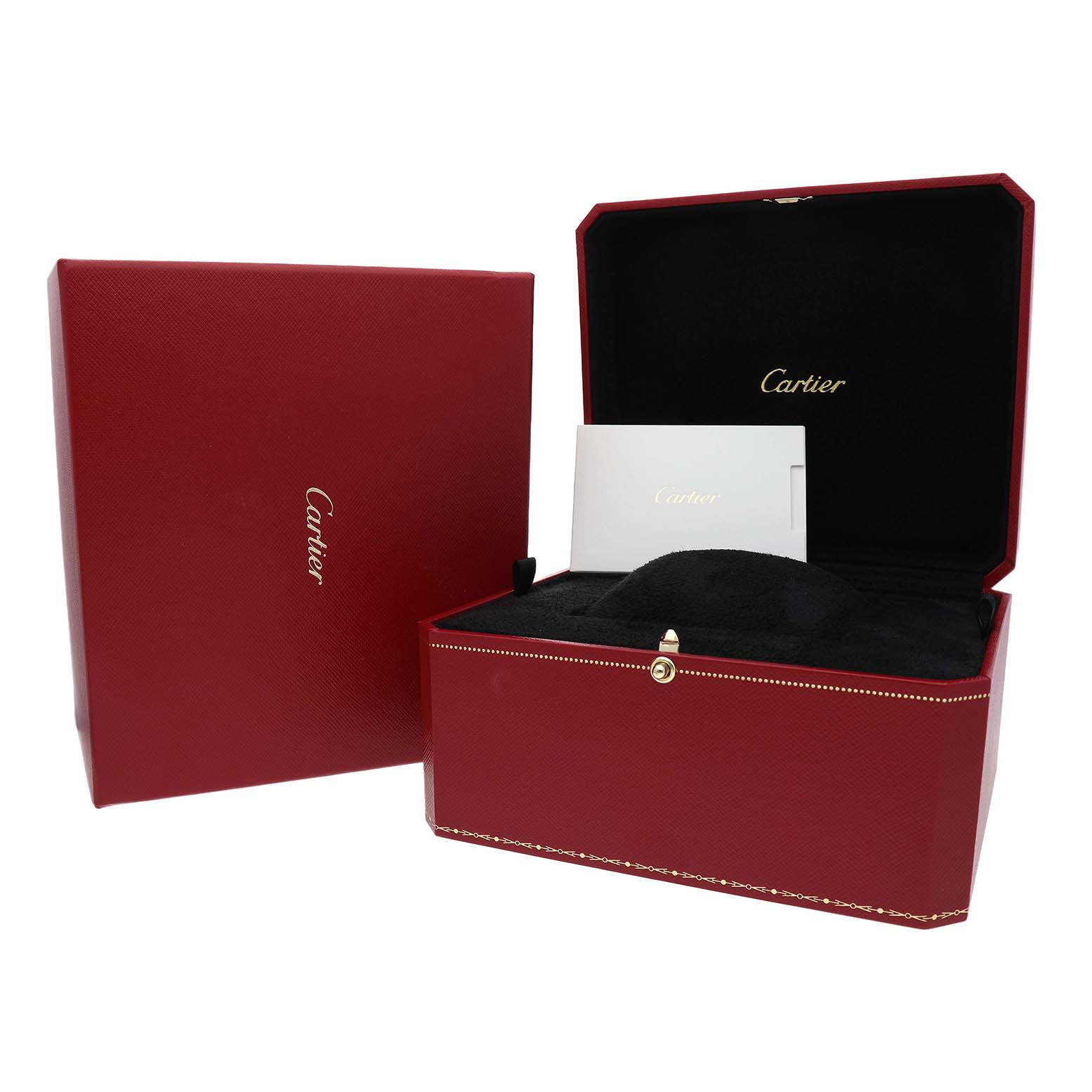 The image shows a Cartier Ballon Bleu WJBB0077 Women's Yellow Gold Pink Dial watch box and packaging from the front angle, showcasing the red box, inner lining, and documentation.