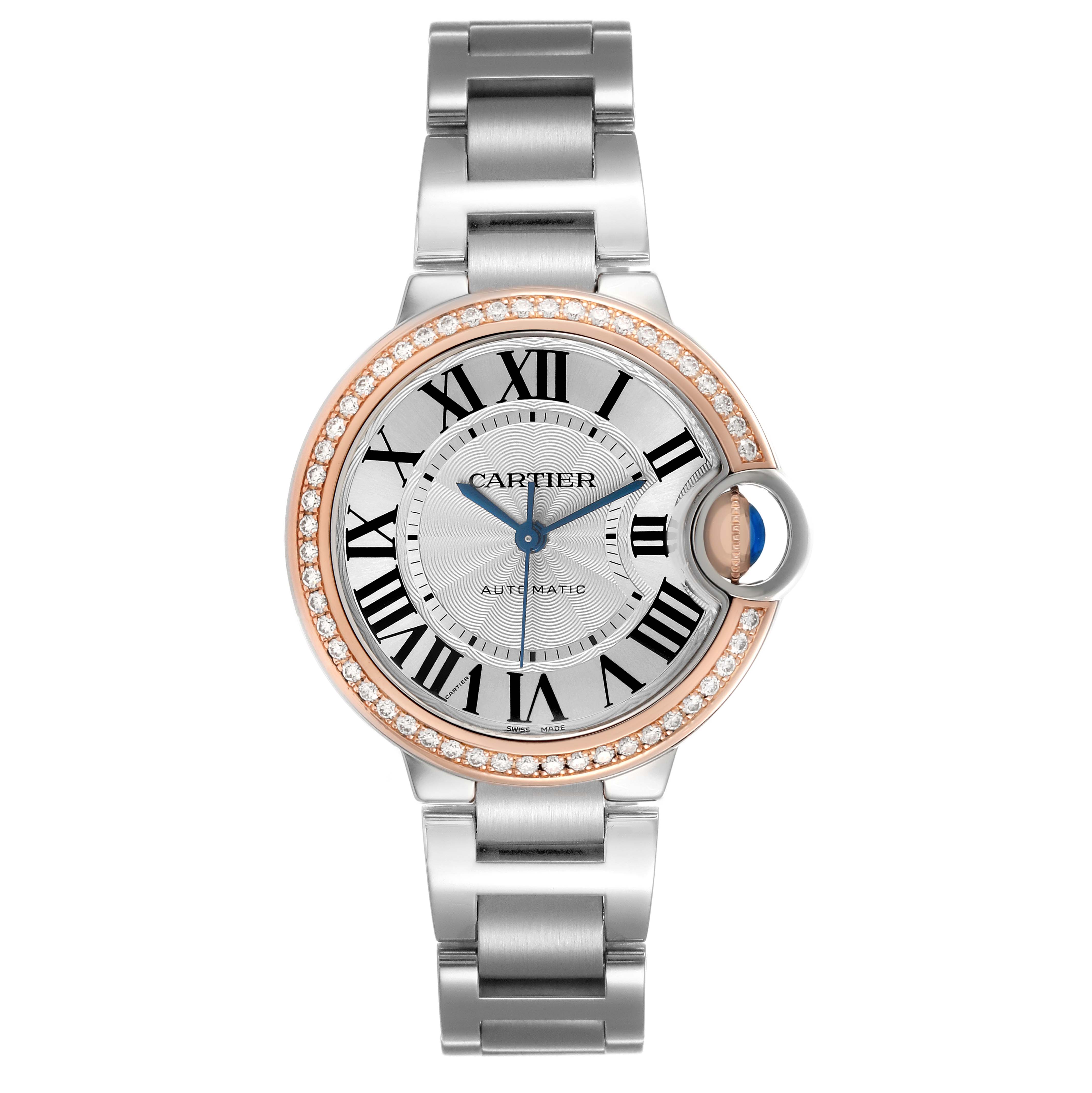 The Cartier Ballon Bleu WE902080 Women's Steel and Gold (two tone) Silver Dial watch is shown from a top-down angle, highlighting the face, bezel, and bracelet.