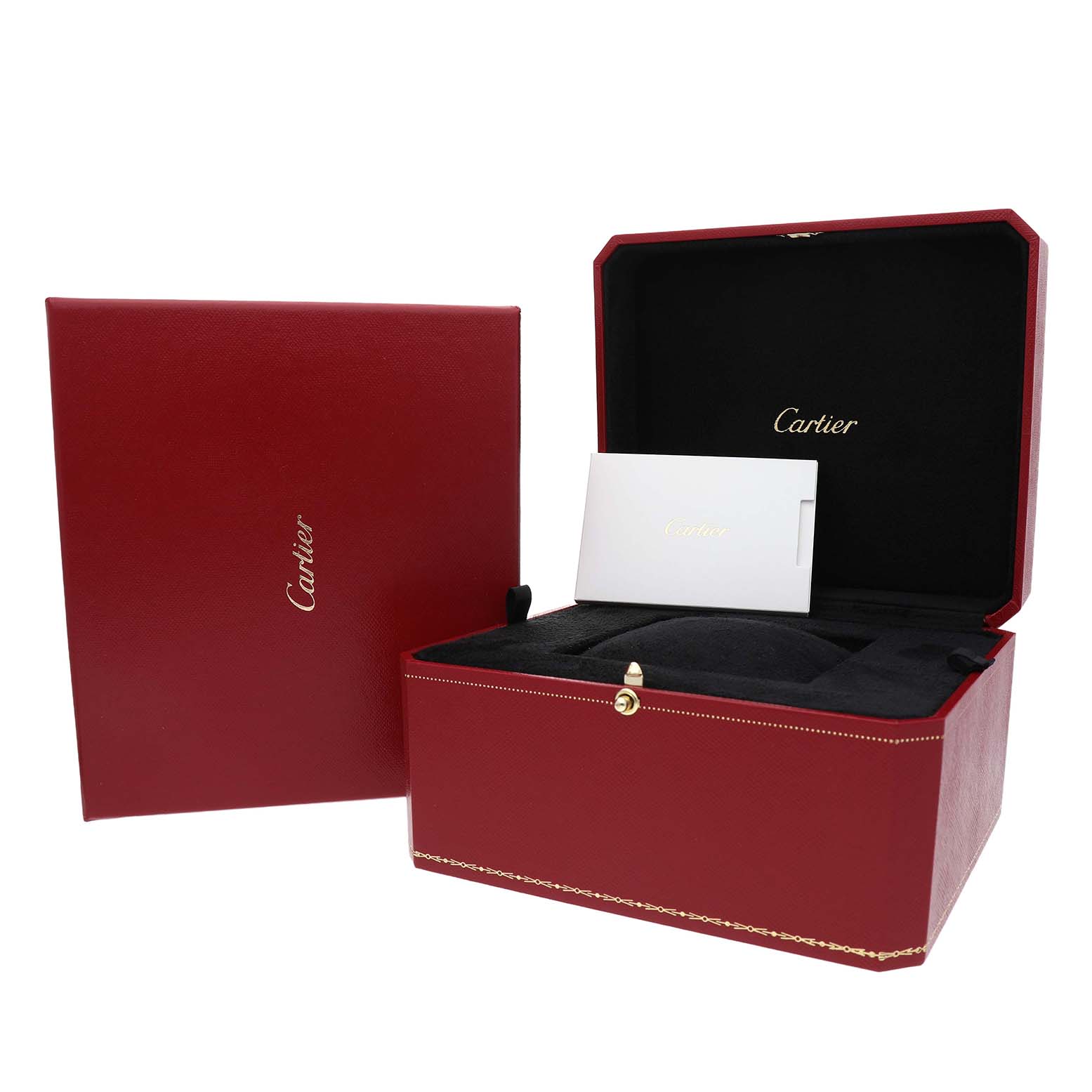 The image shows an open Cartier Ballon Bleu WE902080 Women's Steel and Gold (two tone) Silver Dial watch box with a card, viewed from the front.