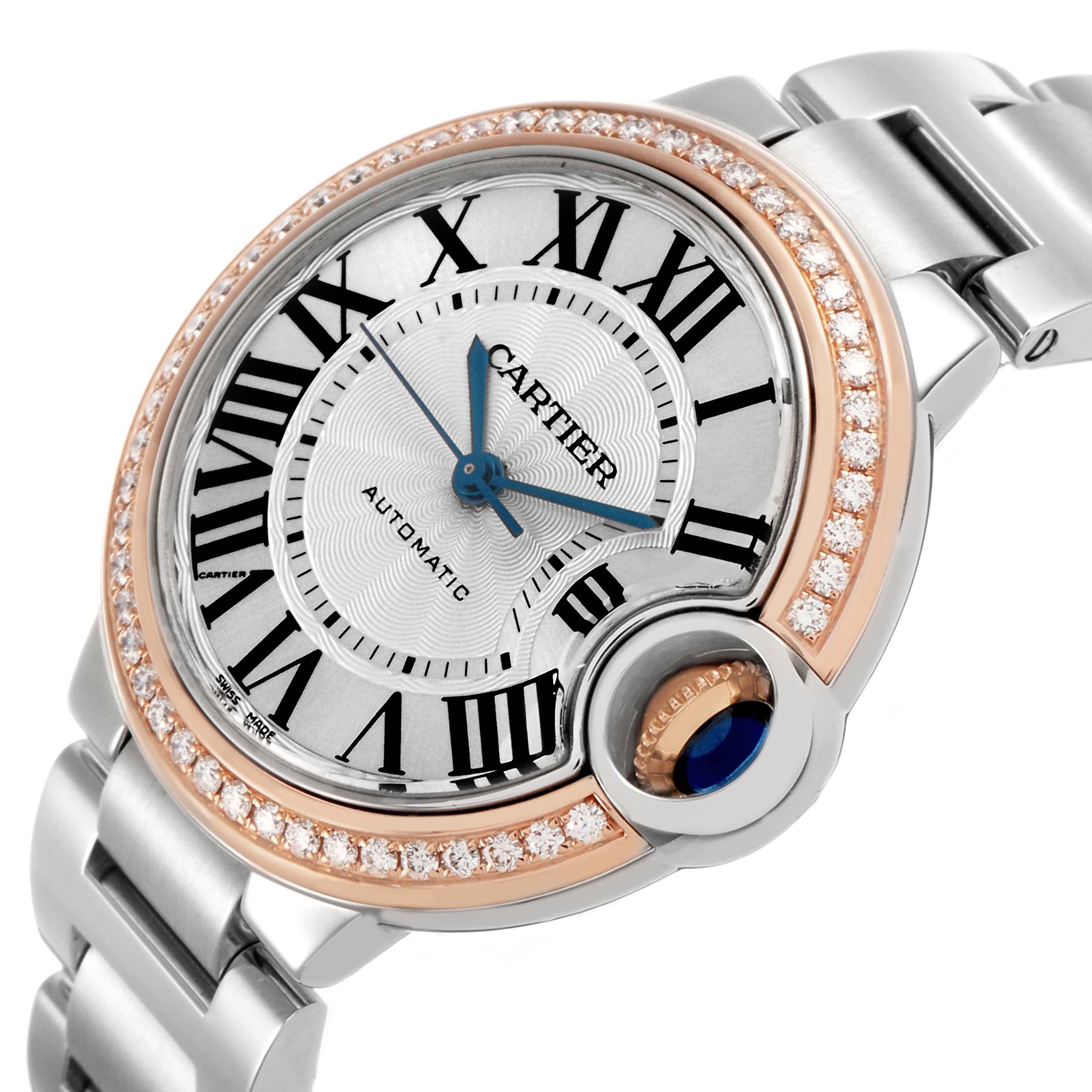 The Cartier Ballon Bleu WE902080 Women's Steel and Gold (two tone) Silver Dial watch is shown at a three-quarter angle, highlighting the face, Roman numerals, bezel, and bracelet.