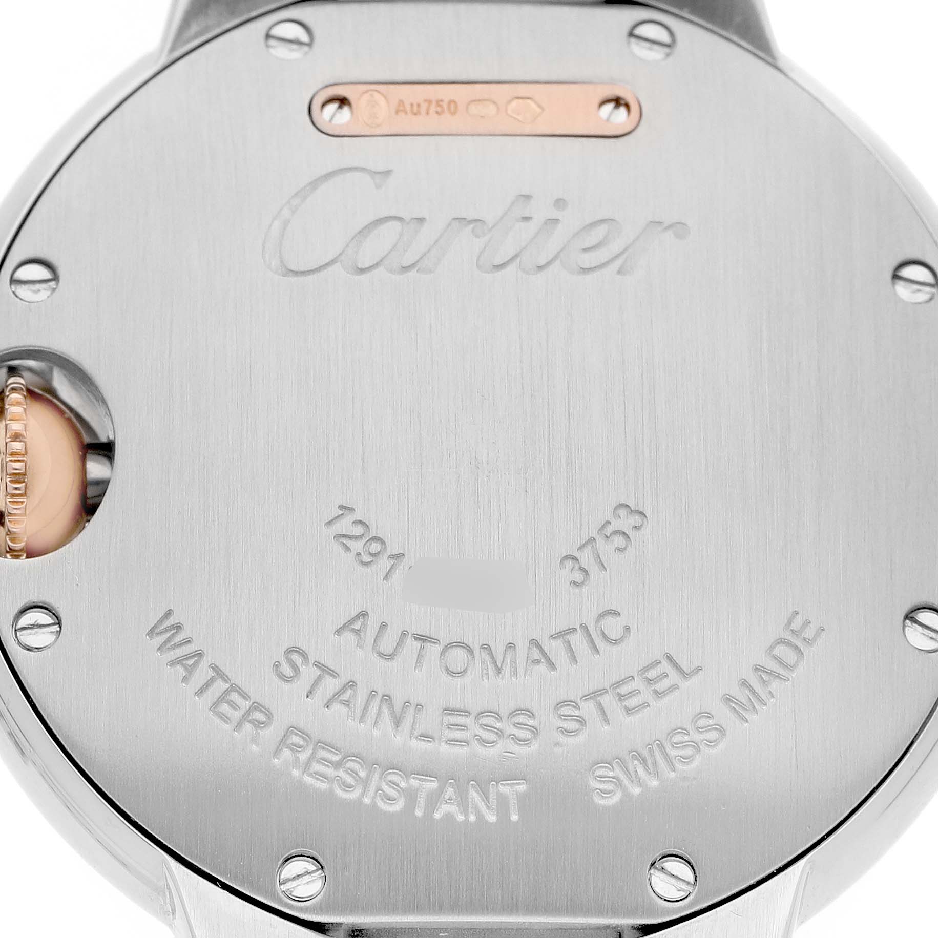 The image shows the back case of a Cartier Ballon Bleu WE902080 Women's Steel and Gold (two tone) Silver Dial watch, highlighting its stainless steel, water resistance, and serial details.