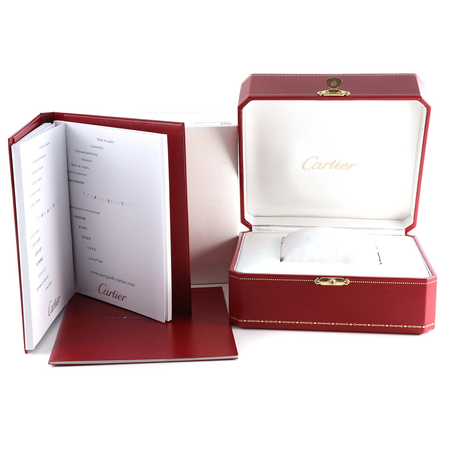 The image shows the box and accompanying booklet for a Cartier Ballon Bleu WE902061 Women
s Stainless Steel Silver Dial WE902061 Women
s Stainless Steel Silver Dial watch.