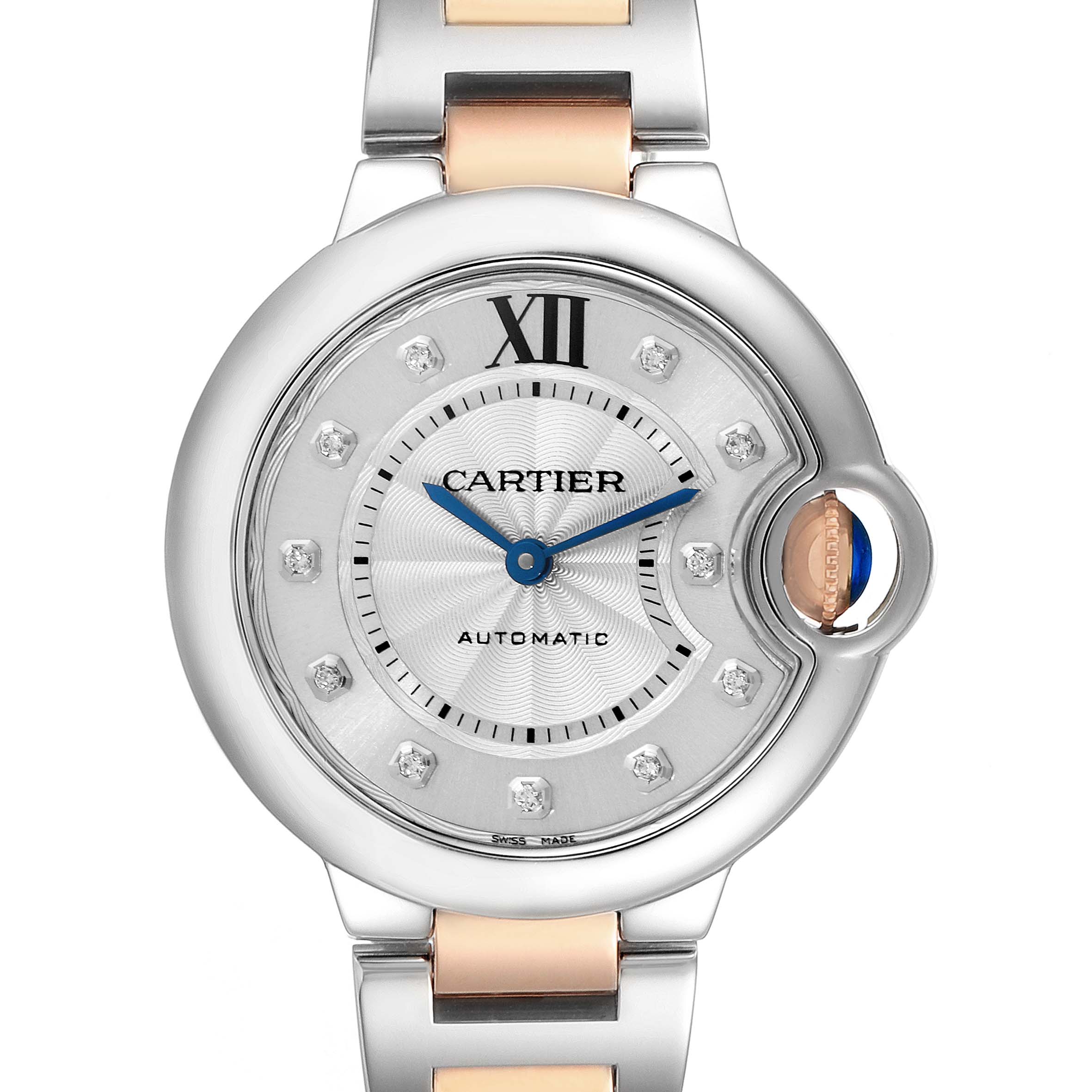 The image shows a front view of the Cartier Ballon Bleu WE902061 Women
s Stainless Steel Silver Dial WE902061 Women
s Stainless Steel Silver Dial watch, highlighting its silver dial, blue hands, and metal bracelet.