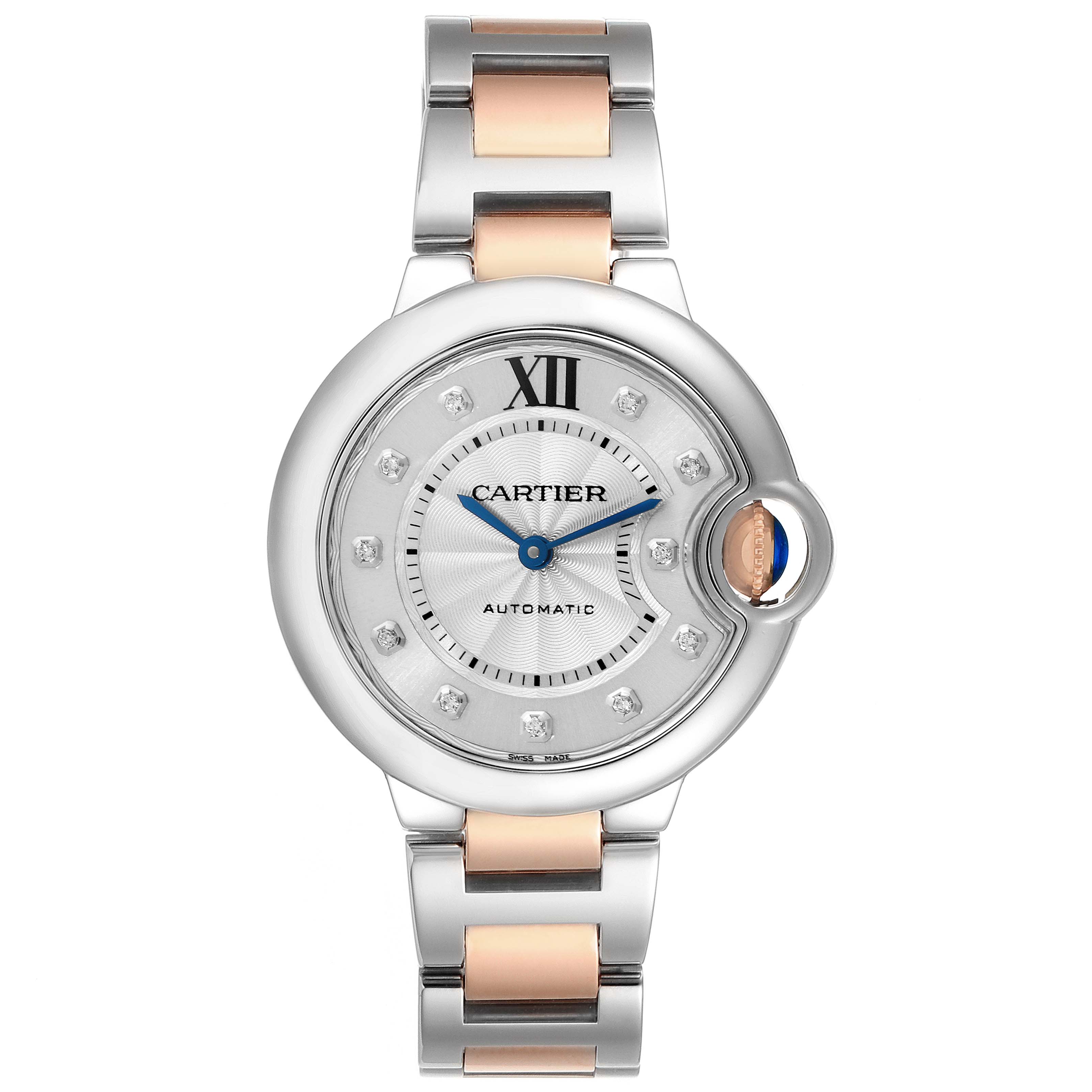 The image shows a front view of a Cartier Ballon Bleu WE902061 Women
s Stainless Steel Silver Dial WE902061 Women
s Stainless Steel Silver Dial watch, highlighting the dial, bracelet, and crown.