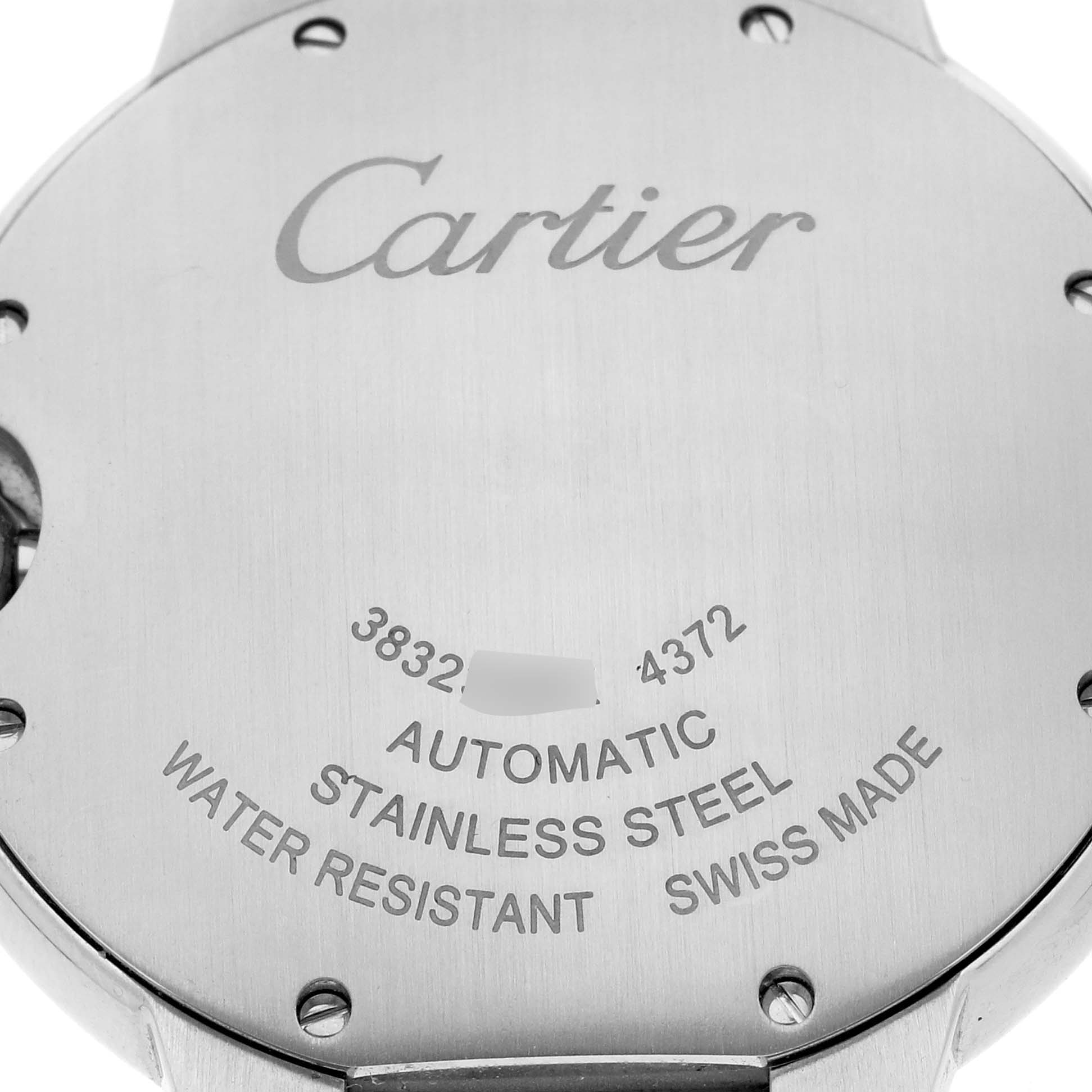 The image shows the back casing of a Cartier Ballon Bleu WSBB0048 Women
s Stainless Steel Silver Dial WSBB0048 Women
s Stainless Steel Silver Dial watch, displaying its brand, model, and specifications.